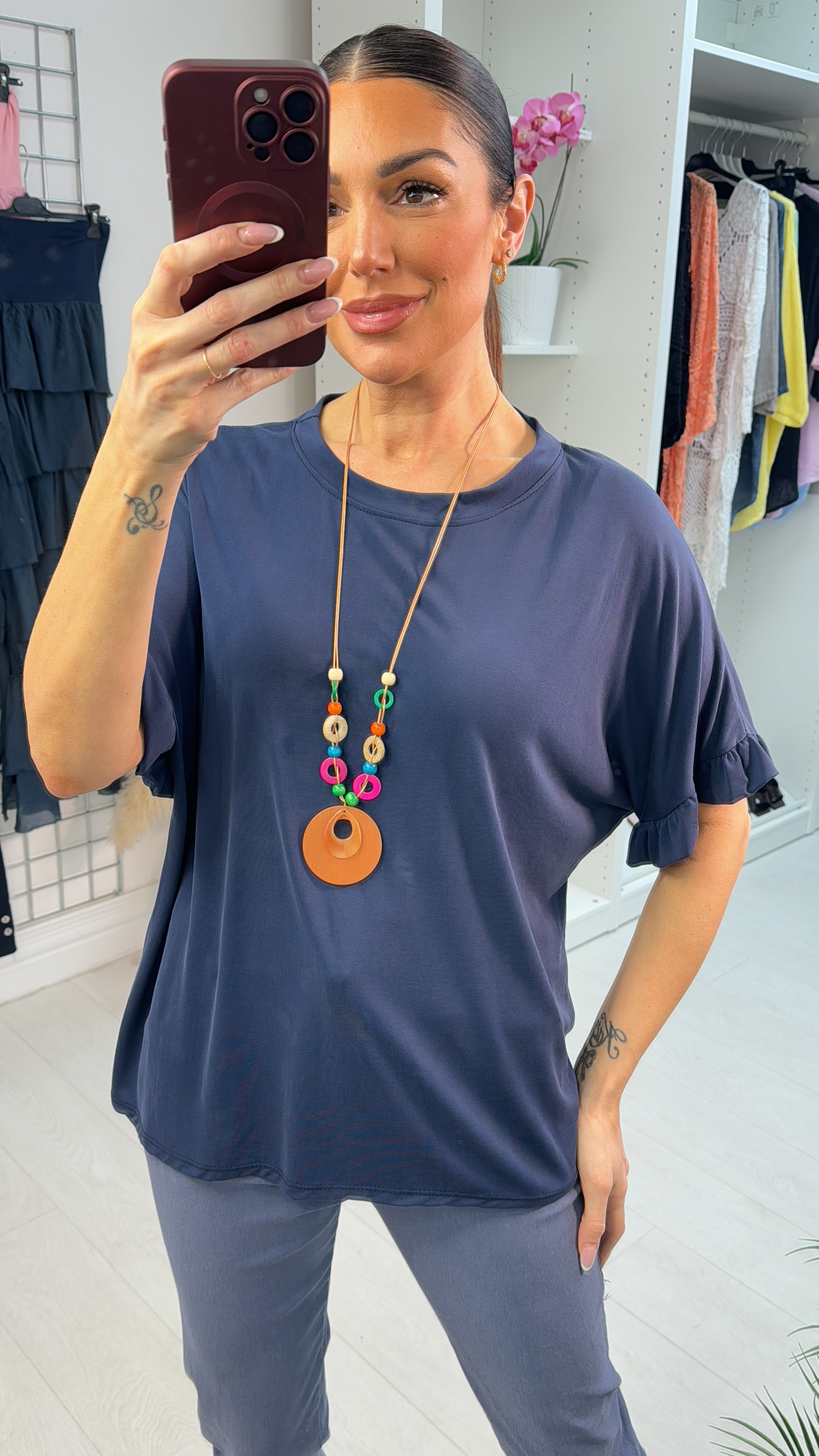 Carolyn Plain Loose Fit Frill Detailed Necklace Top