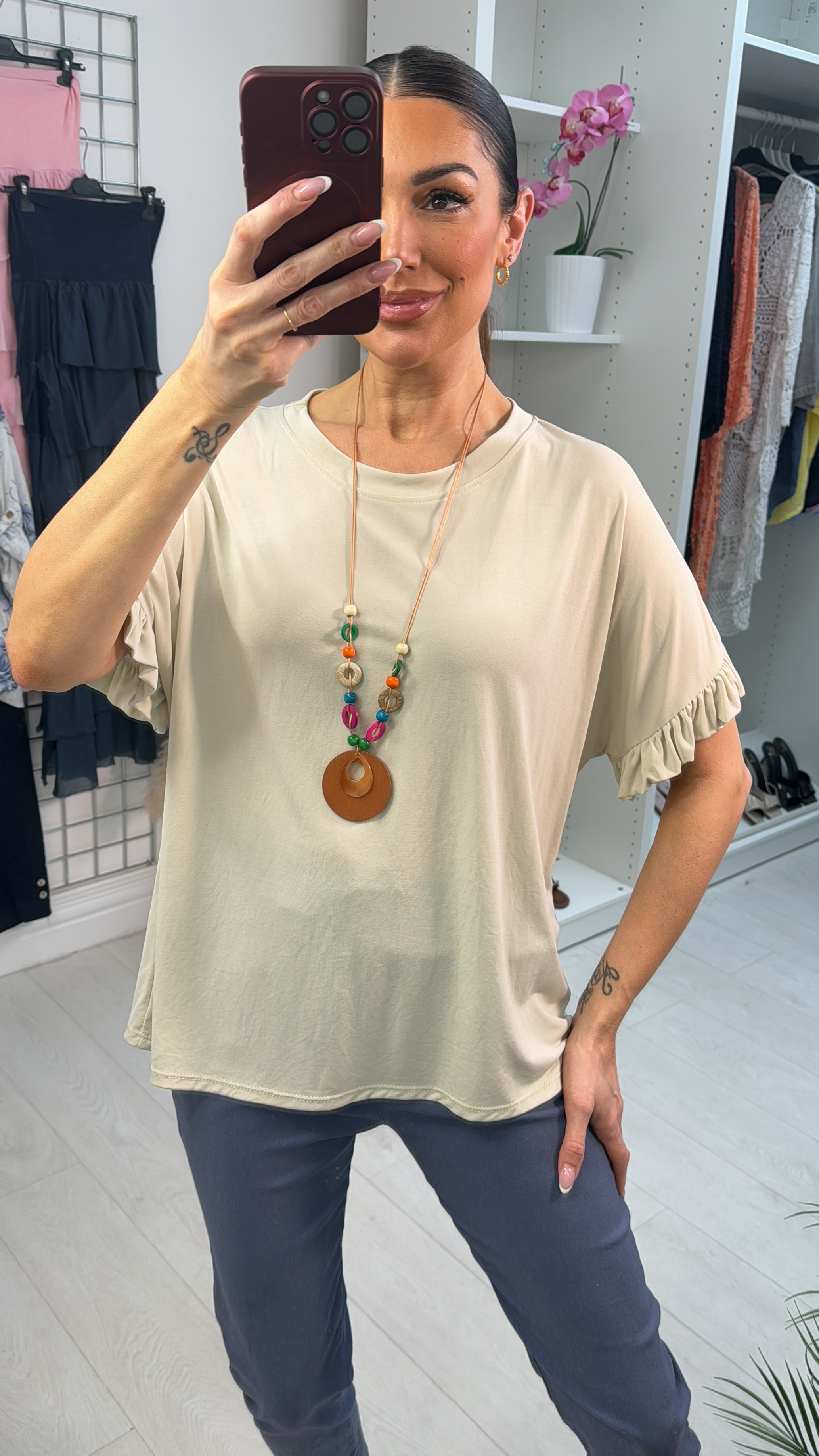 Carolyn Plain Loose Fit Frill Detailed Necklace Top