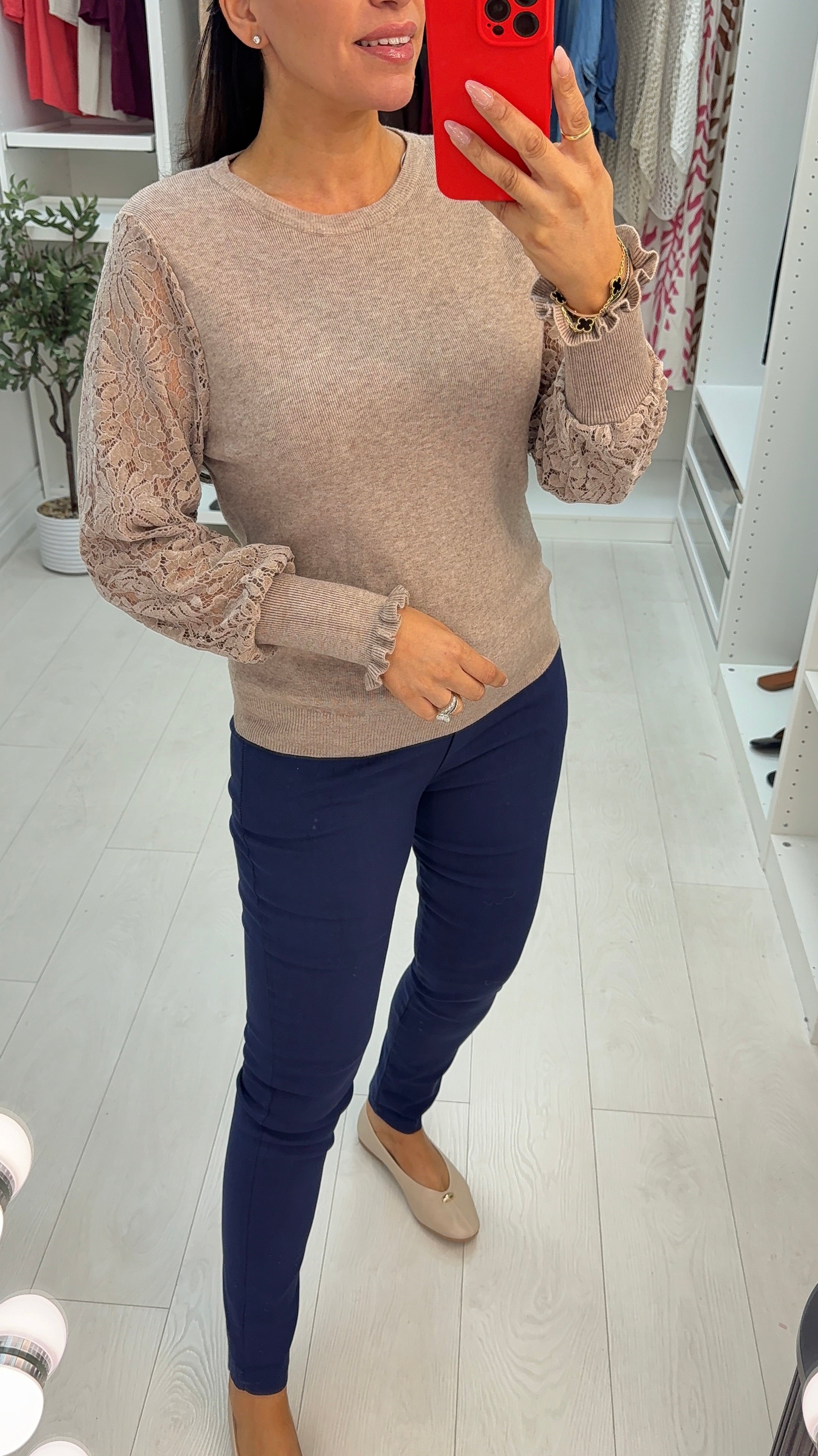 Zelinda Plain Floral Mesh Sleeve Jumper