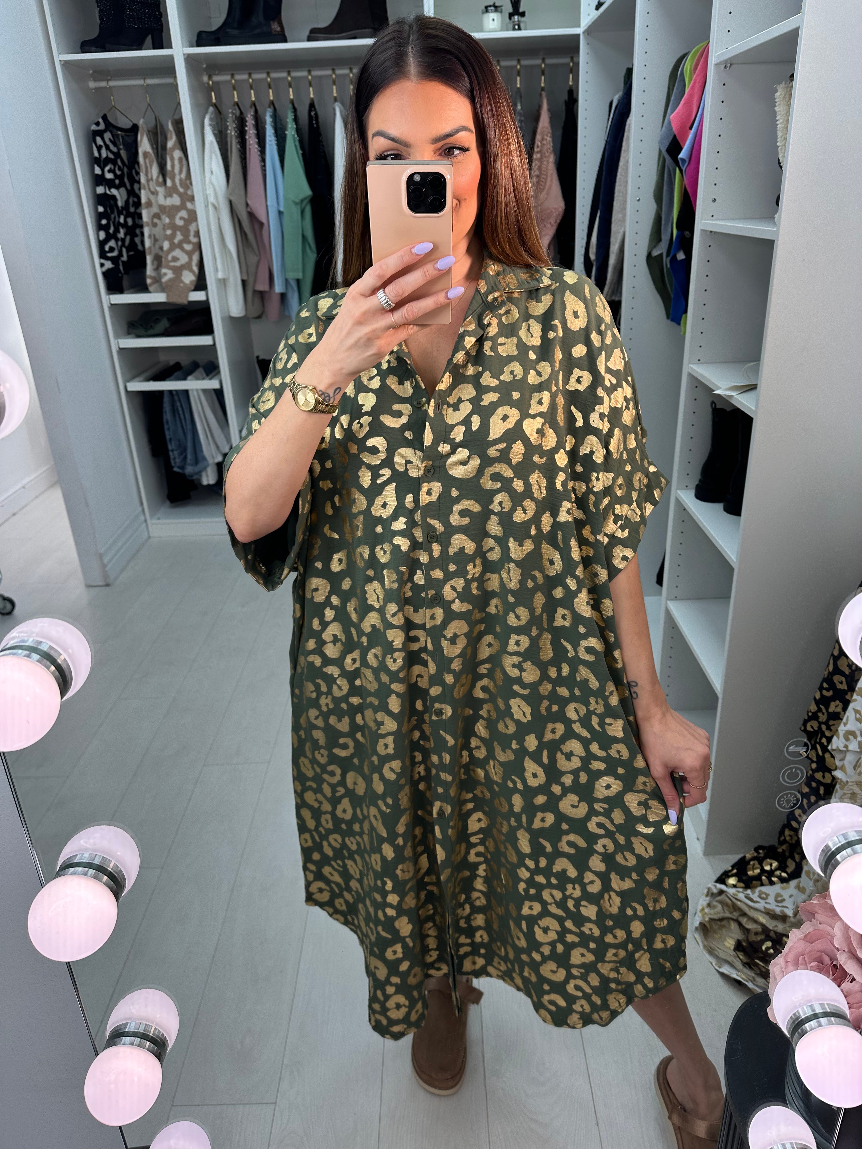 Erma Gold Cheetah Pattern Shirt Midi Dress