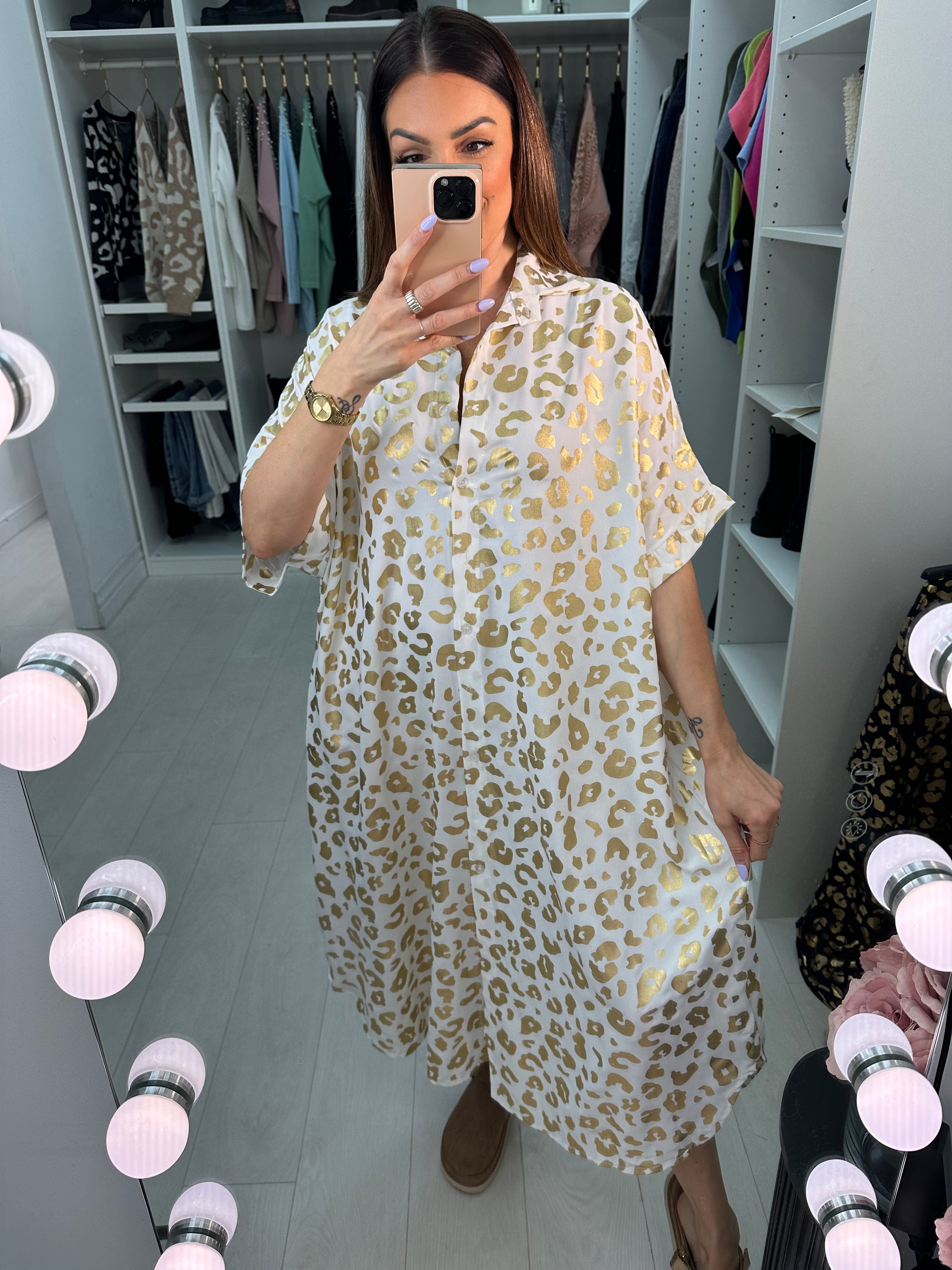 Erma Gold Cheetah Pattern Shirt Midi Dress
