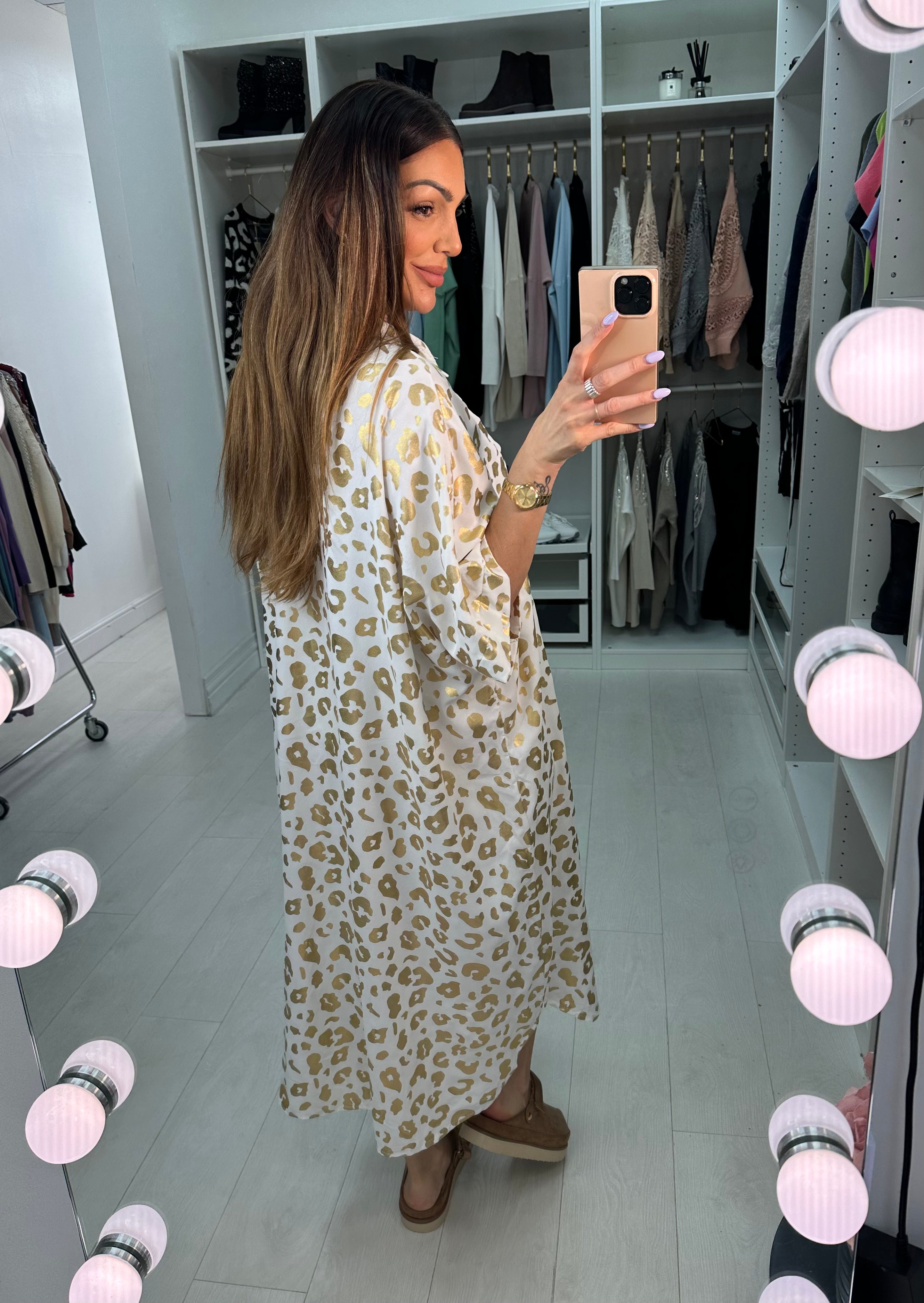 Erma Gold Cheetah Pattern Shirt Midi Dress