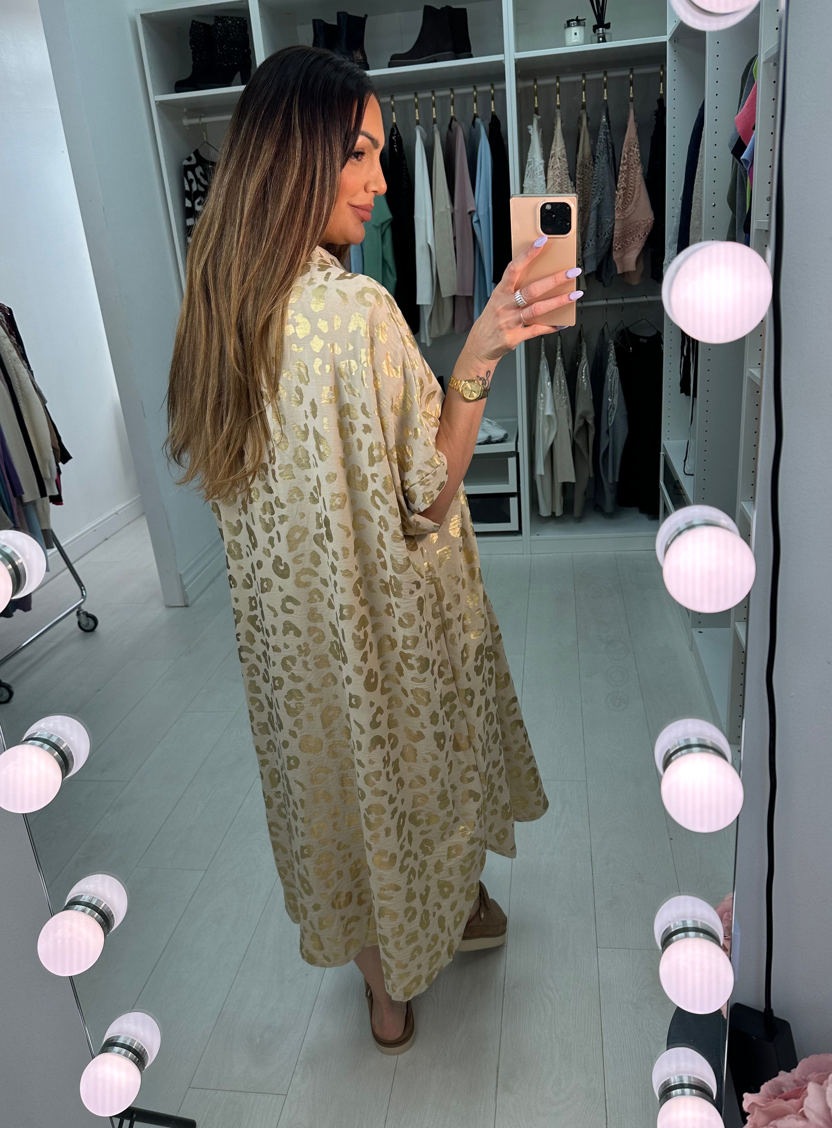 Erma Gold Cheetah Pattern Shirt Midi Dress