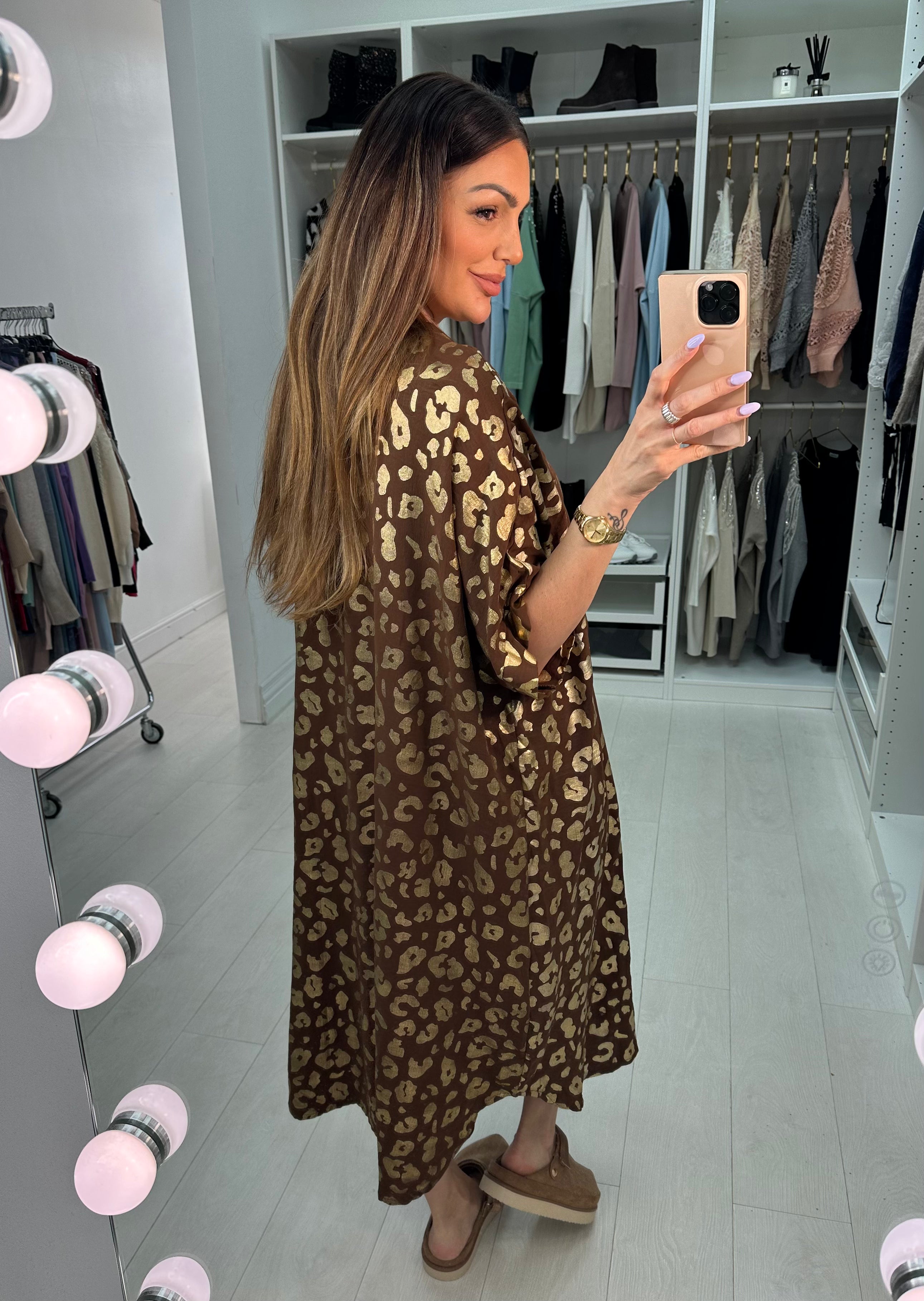 Erma Gold Cheetah Pattern Shirt Midi Dress