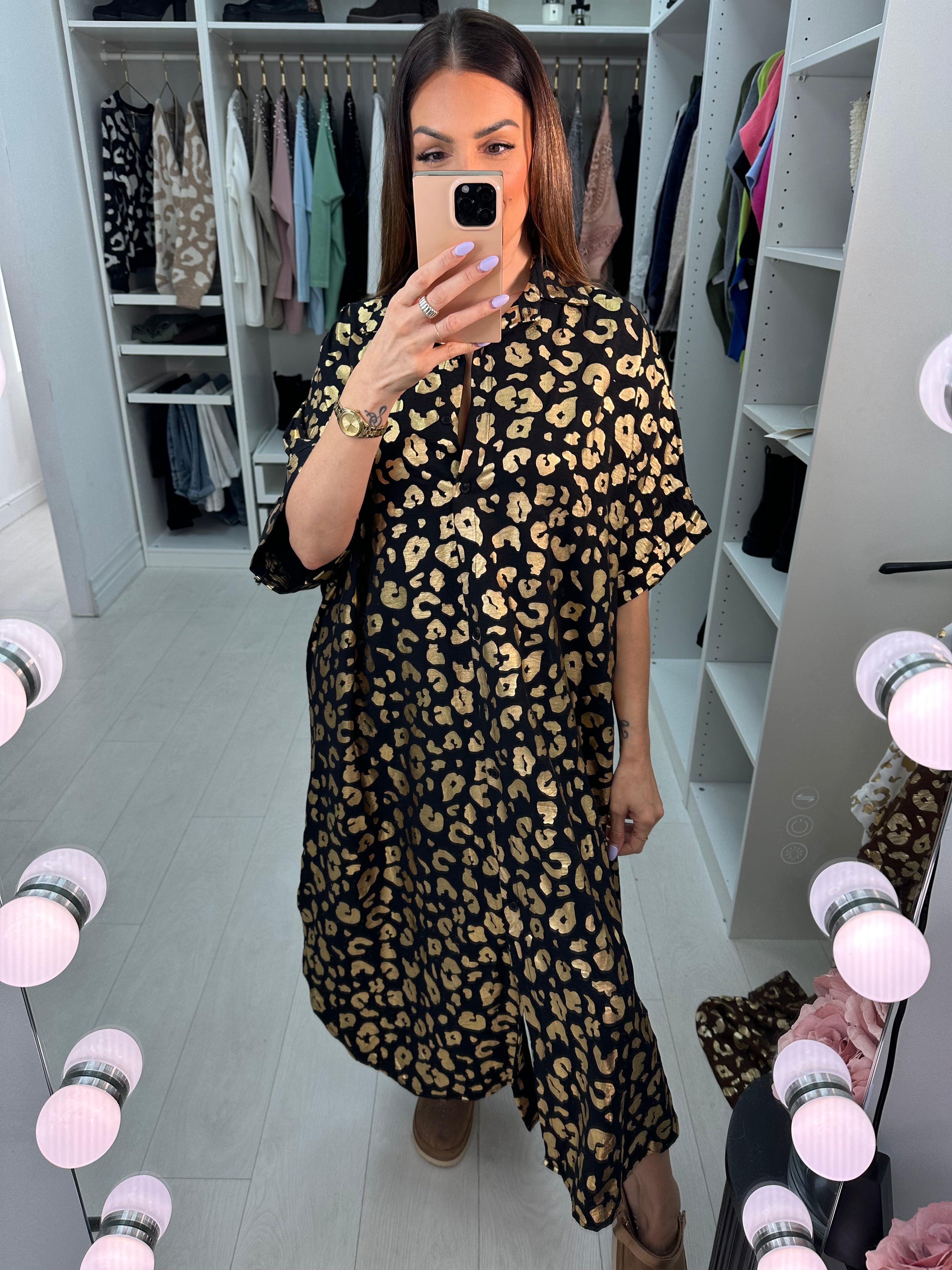 Erma Gold Cheetah Pattern Shirt Midi Dress