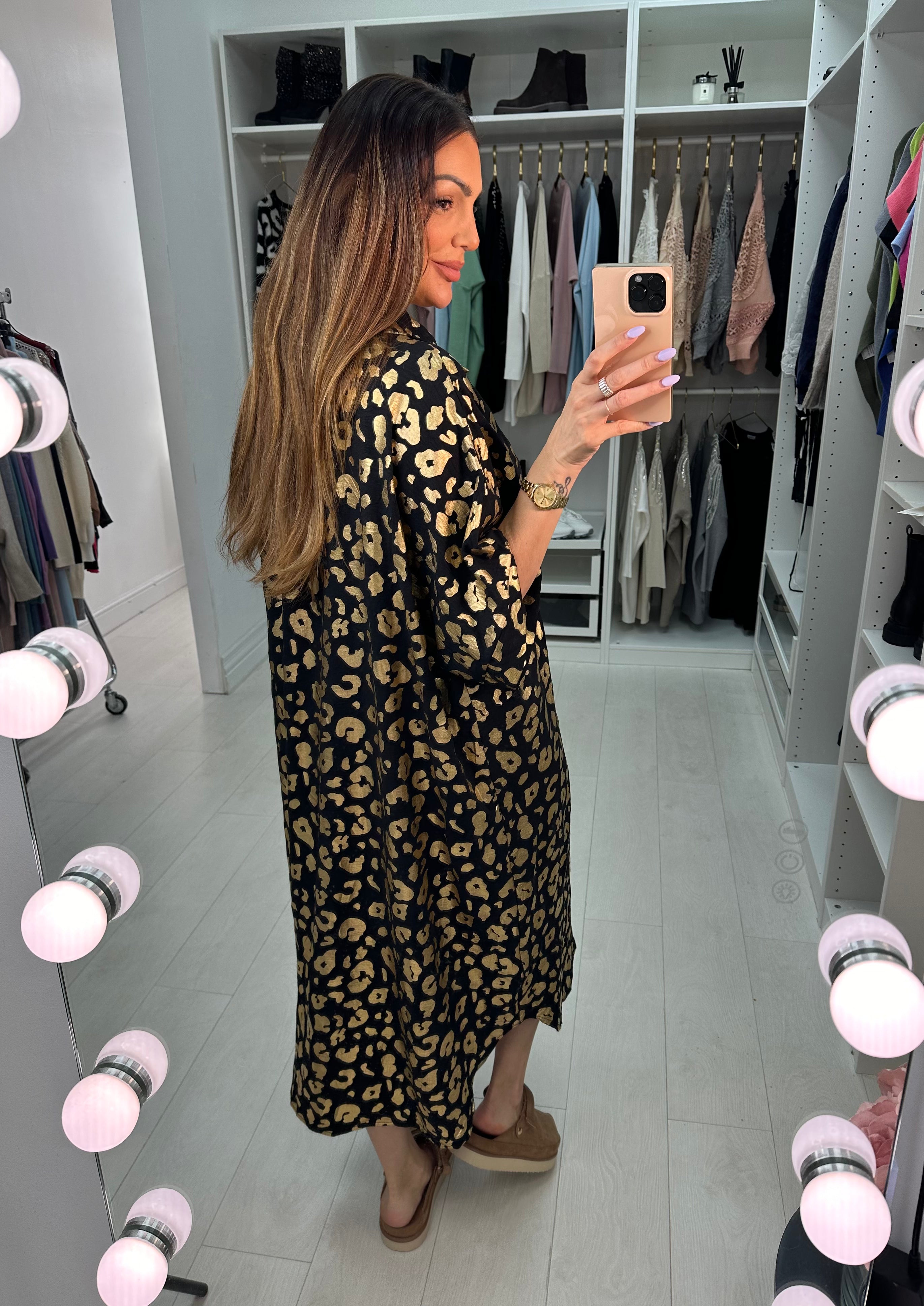 Erma Gold Cheetah Pattern Shirt Midi Dress