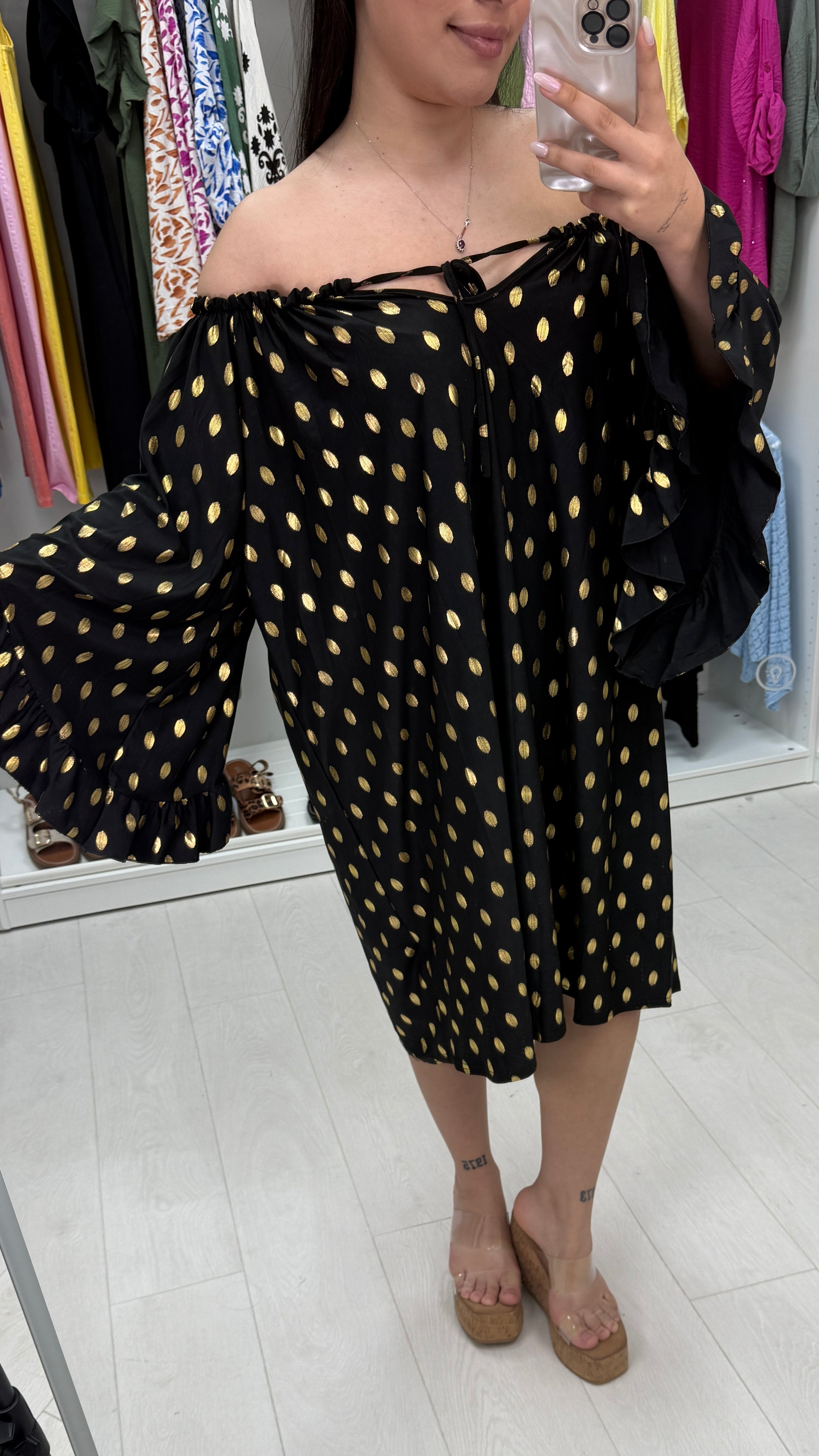 Elodie Gold Polka Print Bardot Dress