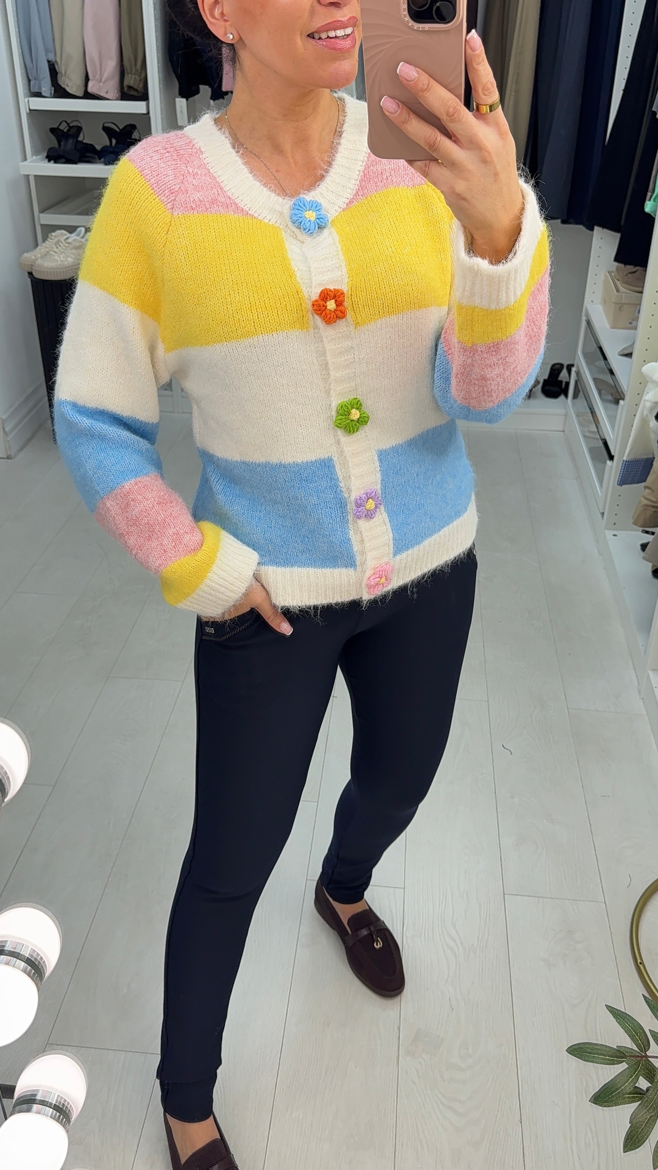 Imelda Colour Block Floral Button Detail Jumper