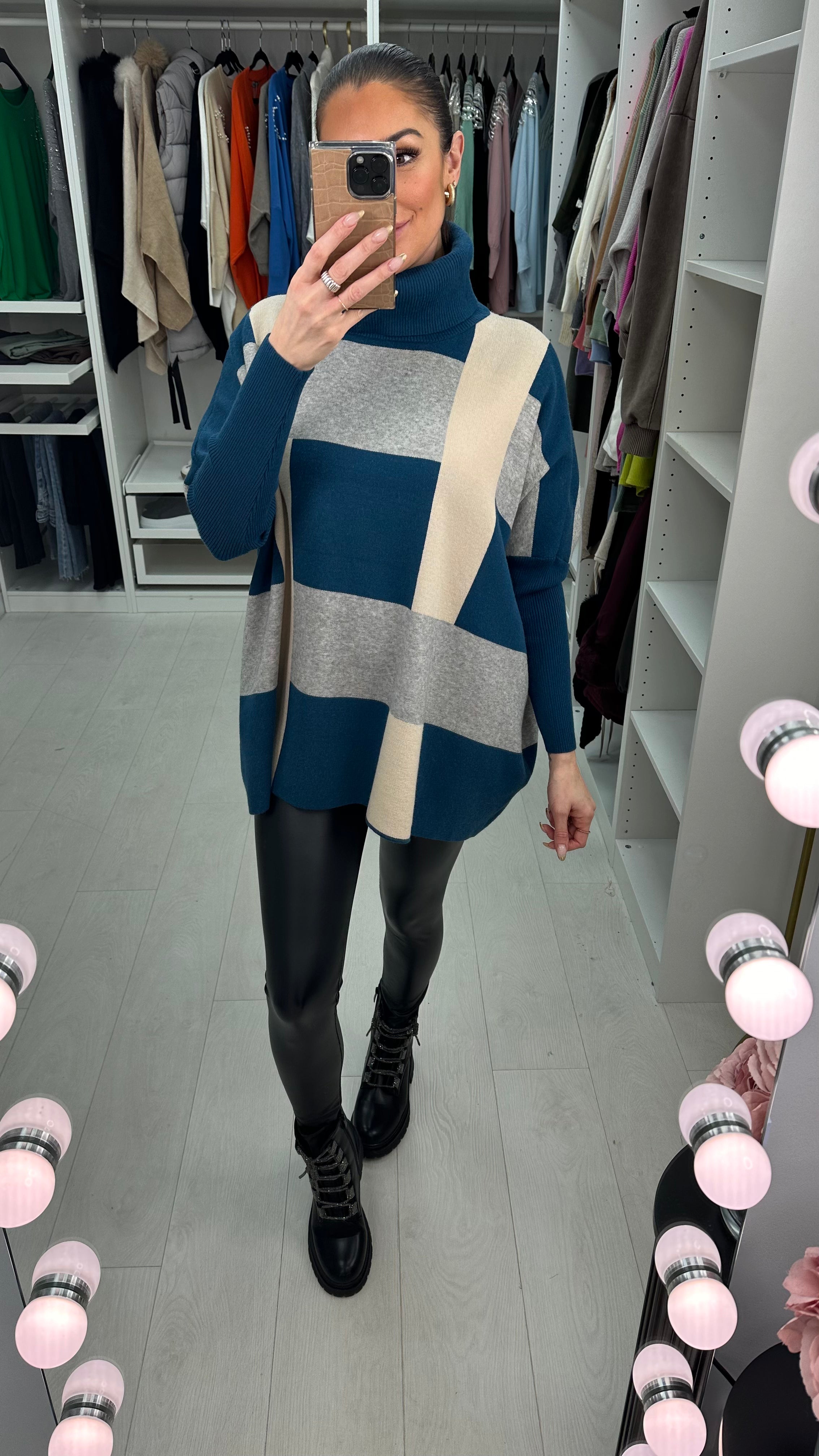 Lenata Checked Oversized Batwing Roll Neck Jumper