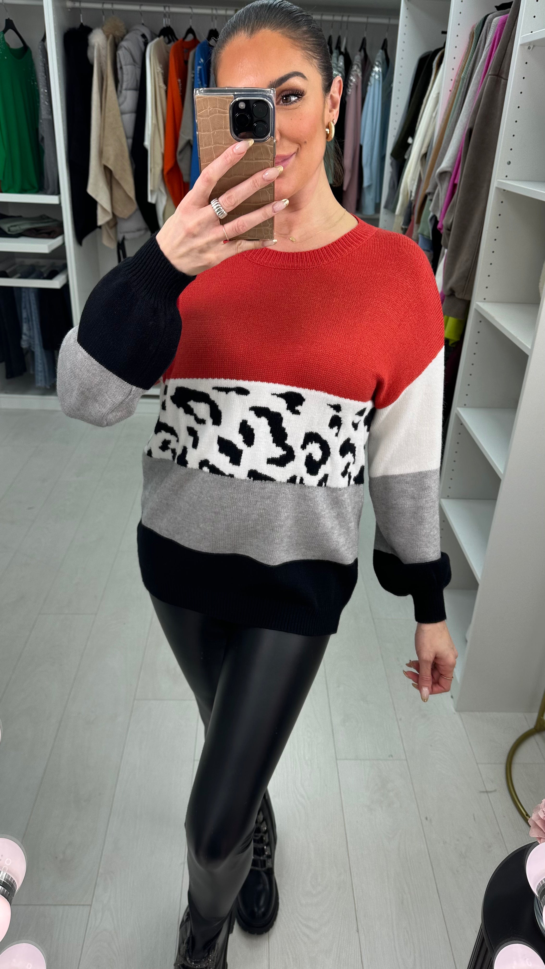 Percy Rust Oversized Leopard Print Knitted Jumper