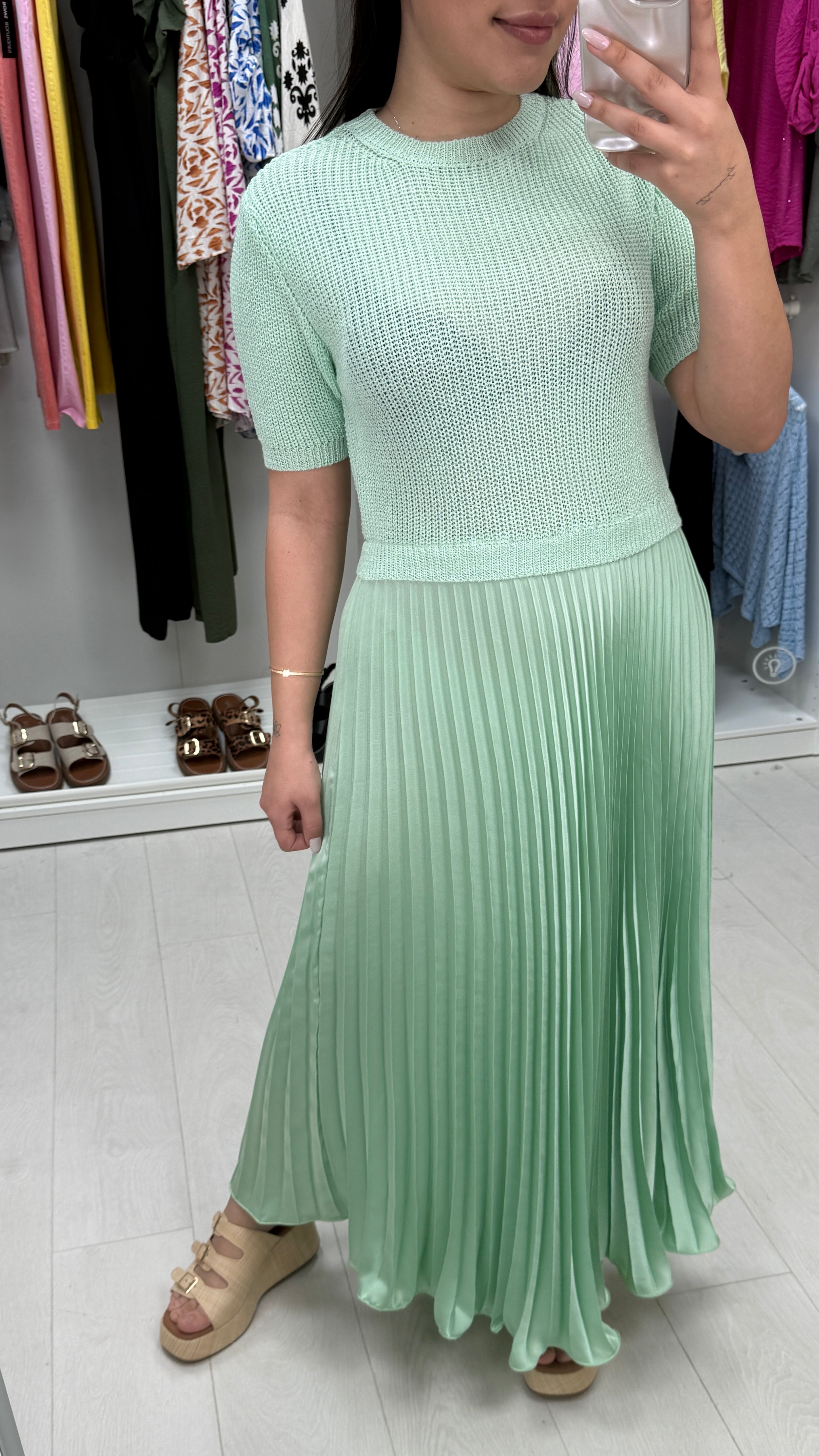 Alaina Plain 2-In-1 Knitted Top Silk Pleated Dress