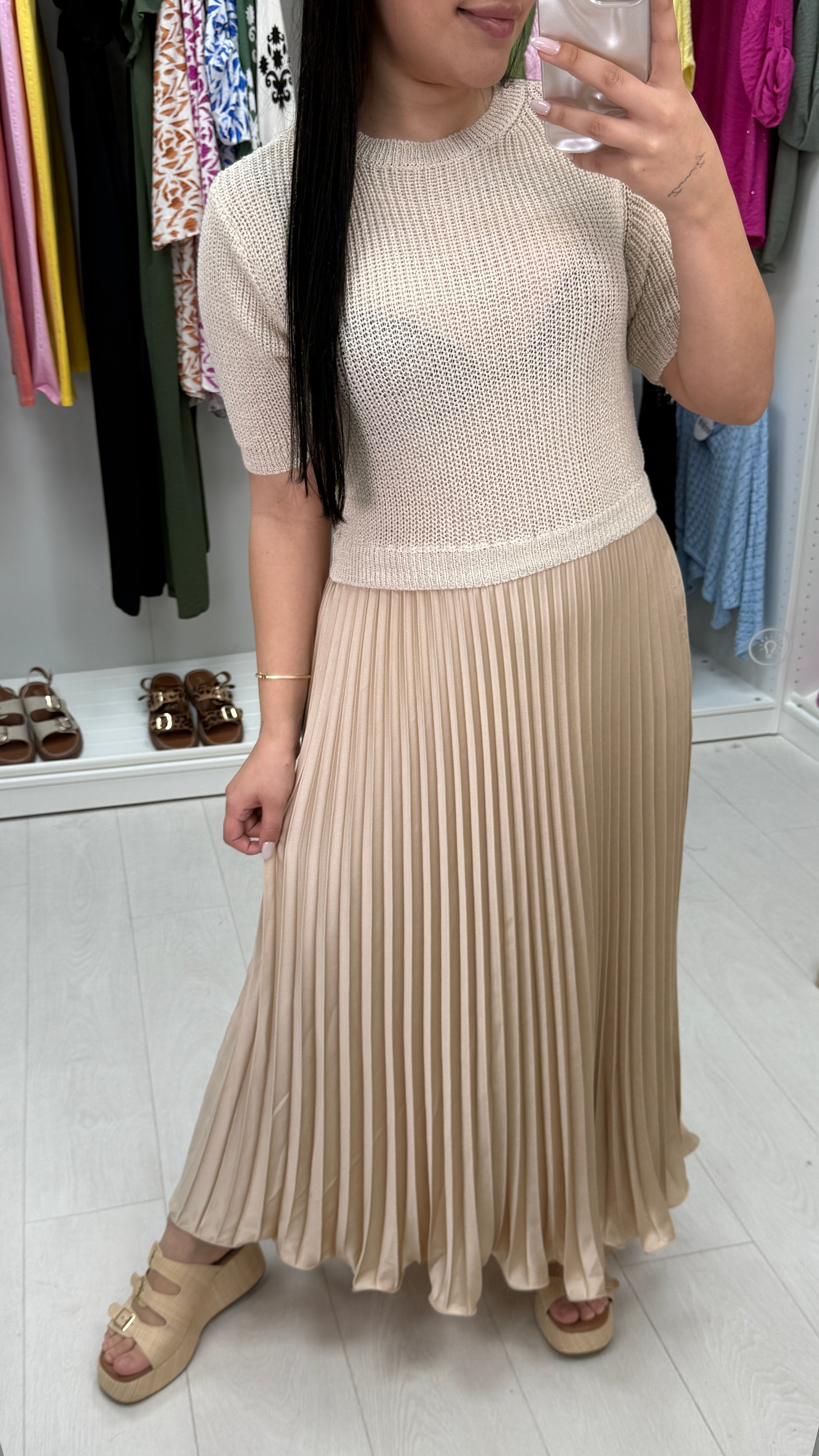 Alaina Plain 2-In-1 Knitted Top Silk Pleated Dress