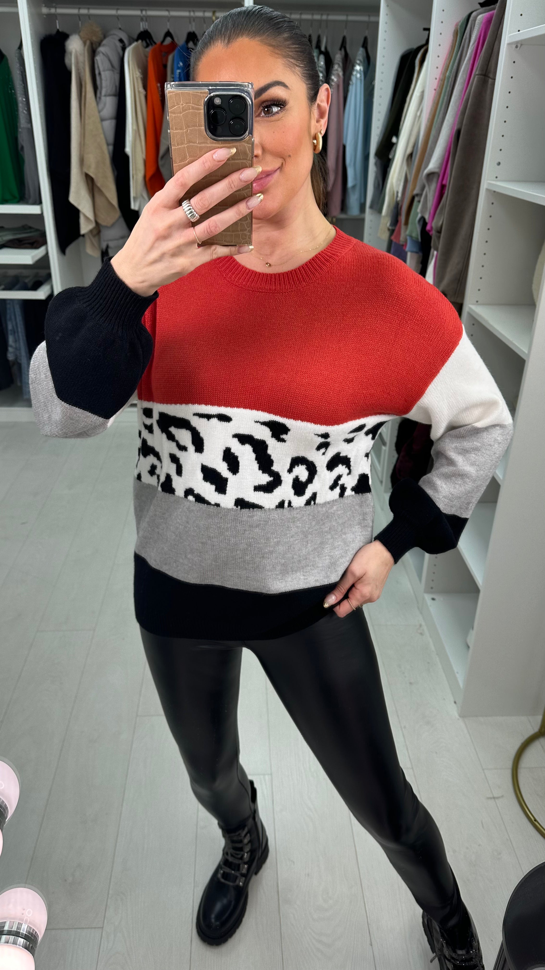 Percy Rust Oversized Leopard Print Knitted Jumper