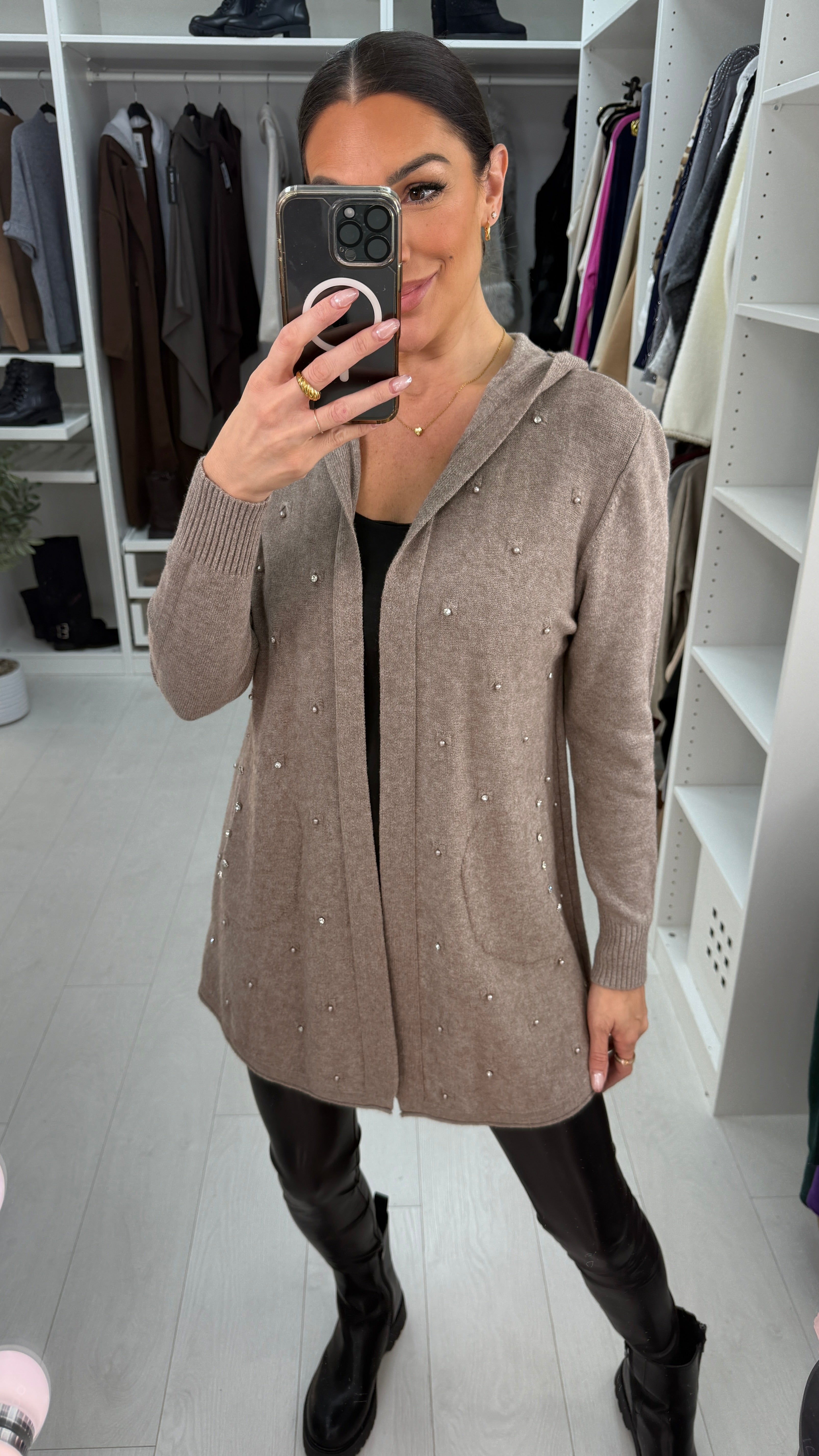 Doryn Plain Diamante Embellished Hooded Cardigan