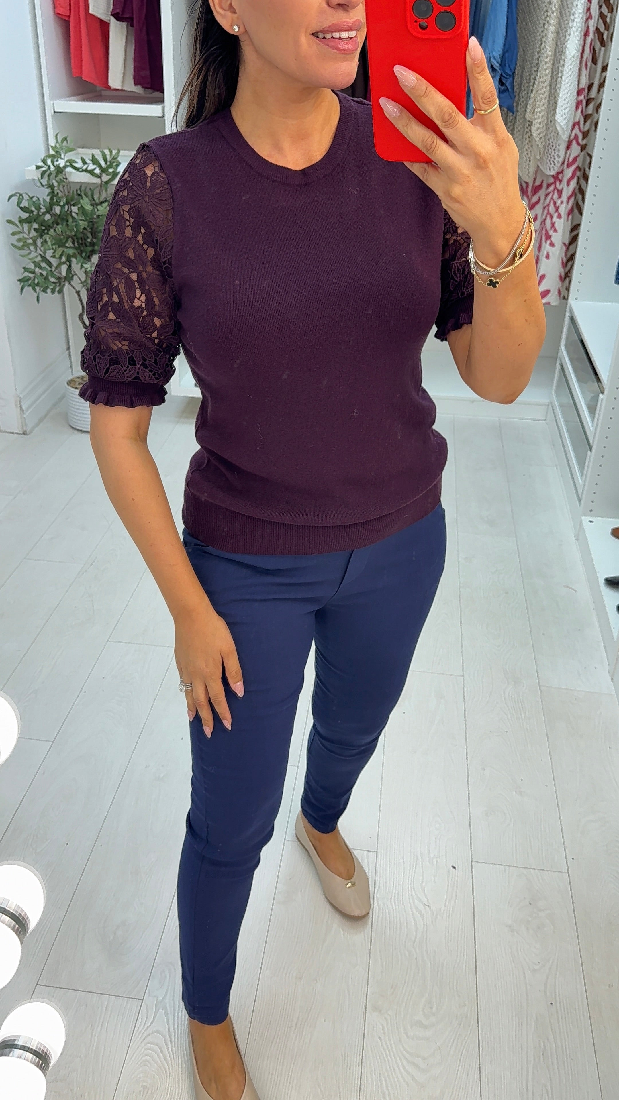 Orchid Plain Crochet Short Sleeve Detailed Jumper