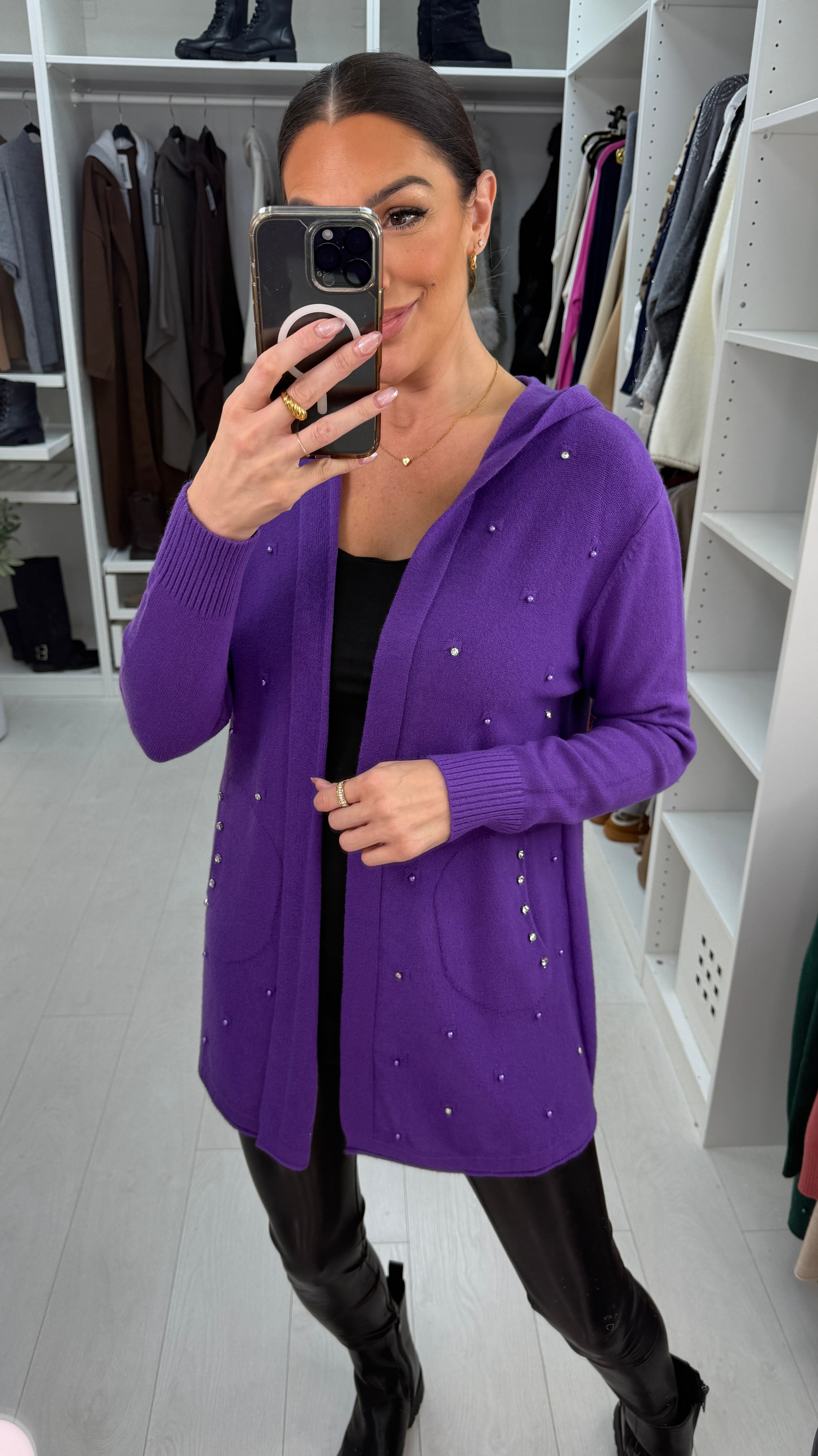 Doryn Plain Diamante Embellished Hooded Cardigan