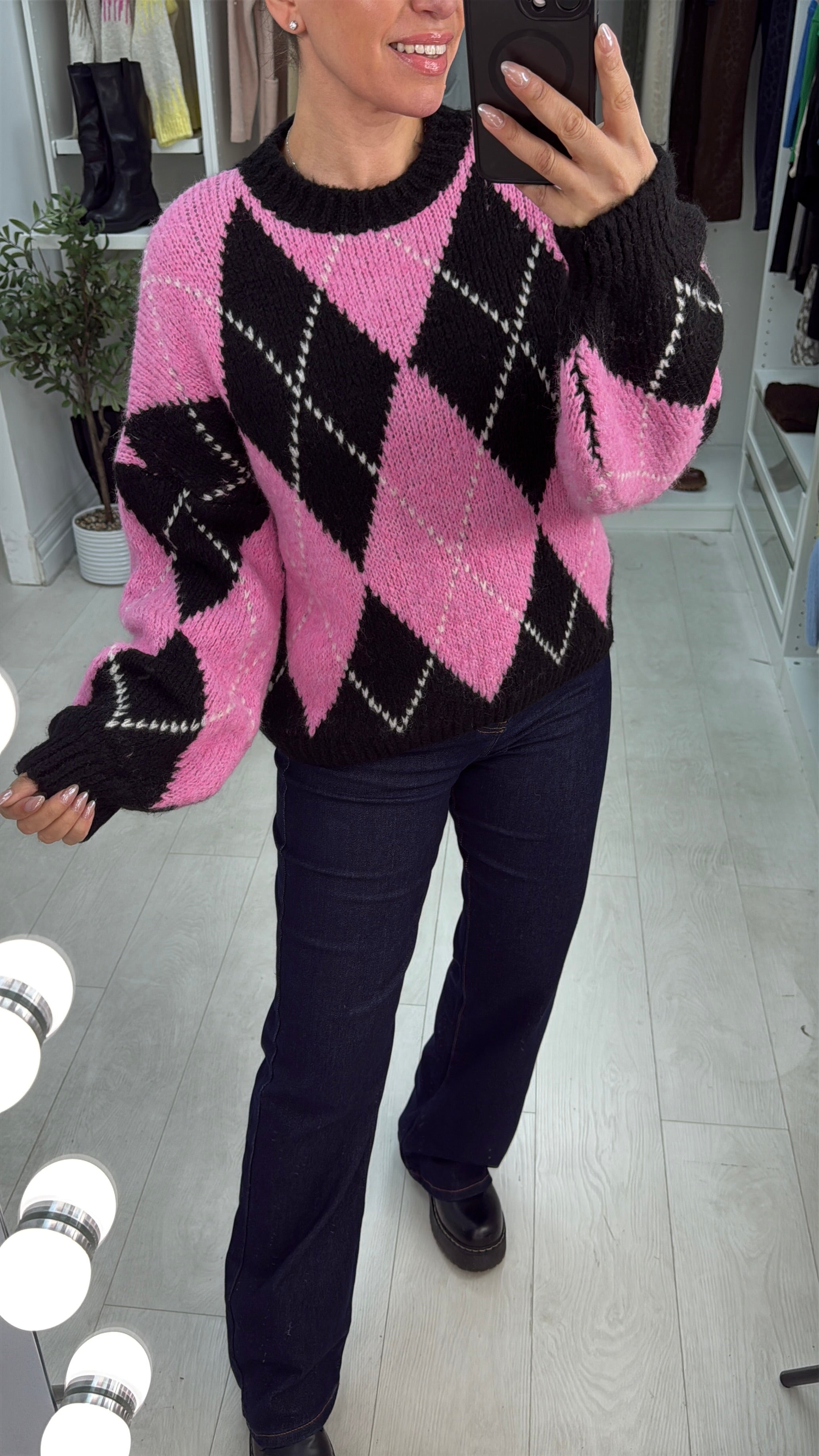 Nattie Argyle Print Chunky Jumper