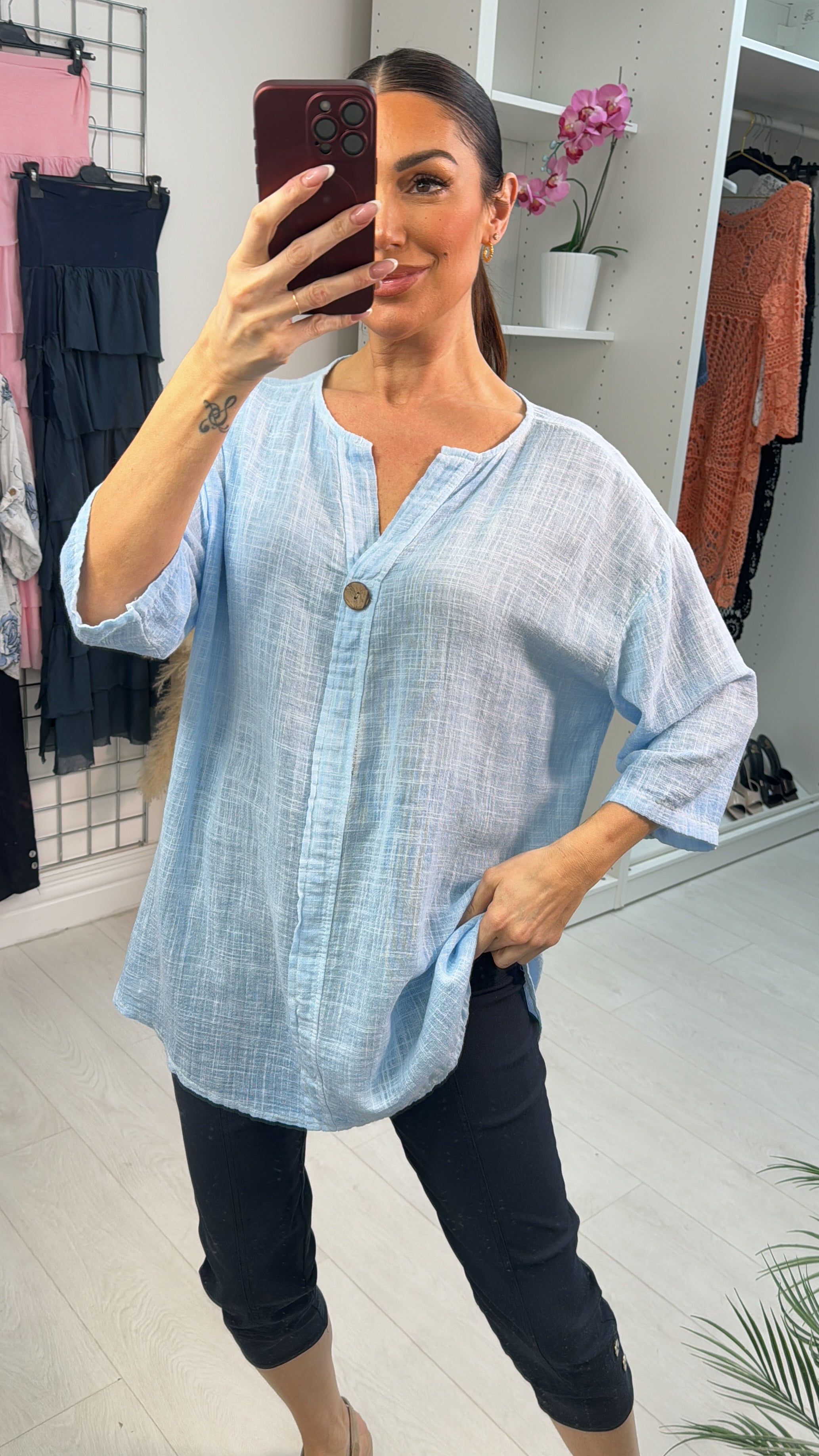 Gaia Plain V Neck Dipped Hem Loose Fit Top