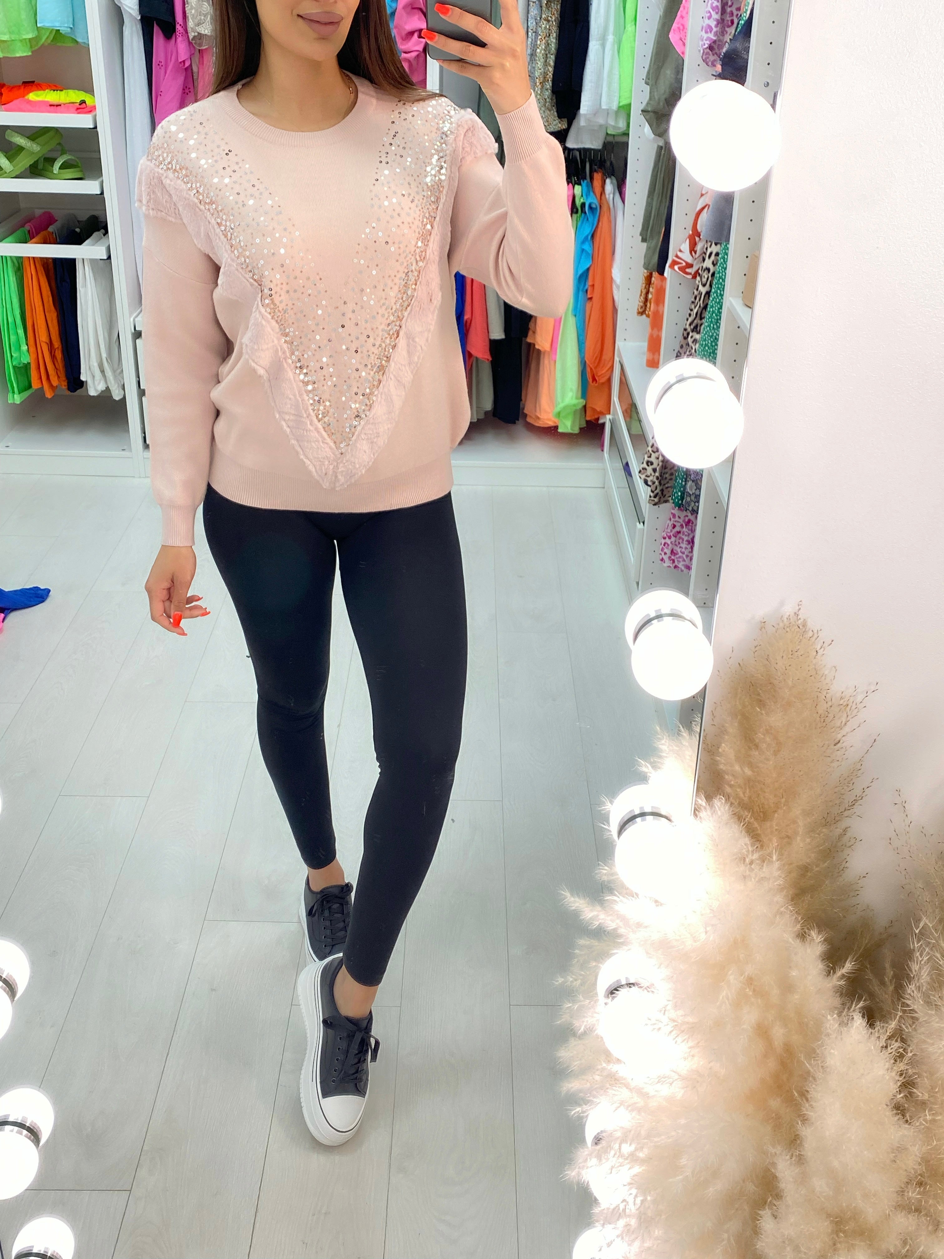 Tammina Faux Fur Sequin V-panel Loose Fit Knitted Jumper