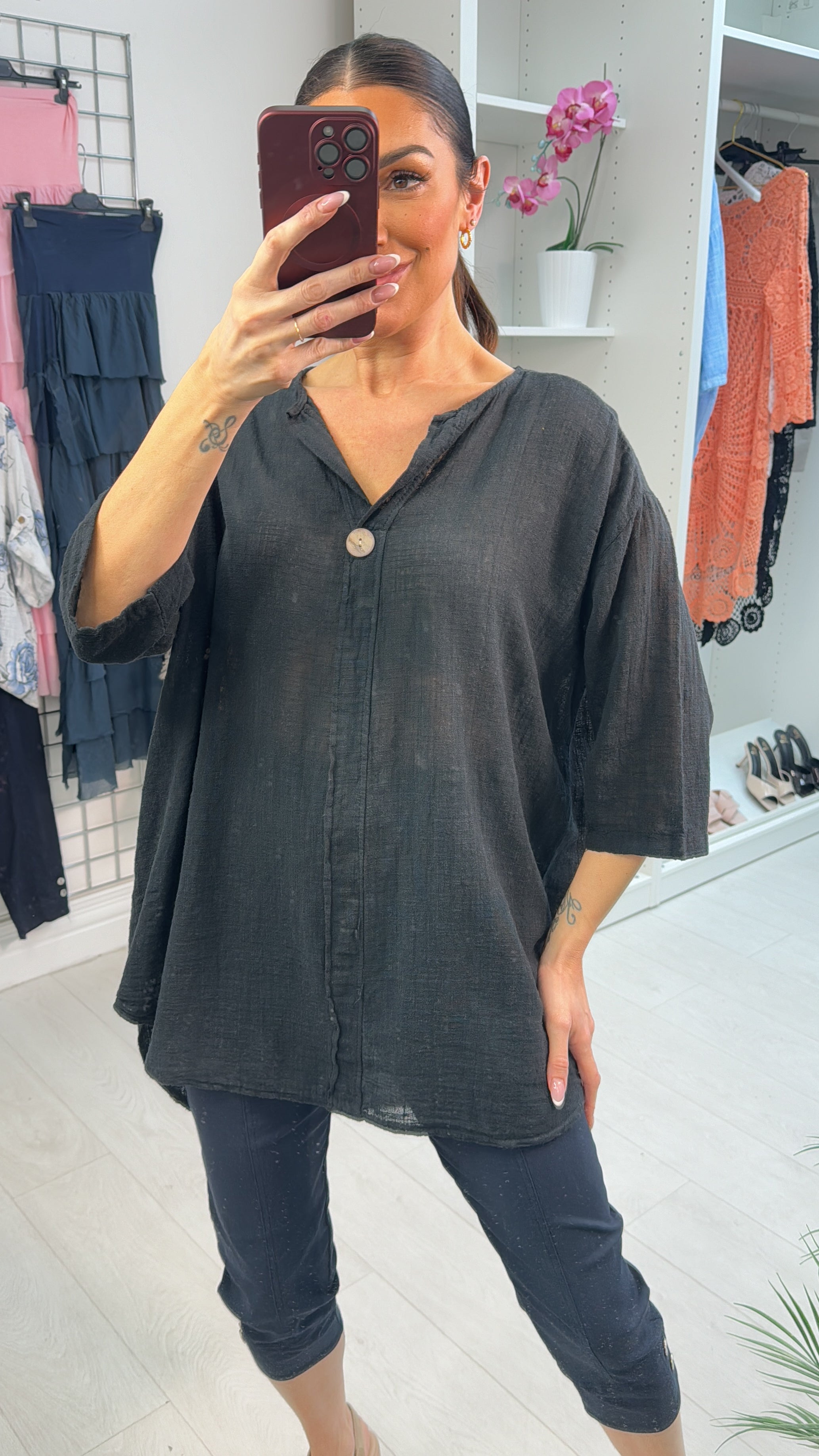 Gaia Plain V Neck Dipped Hem Loose Fit Top