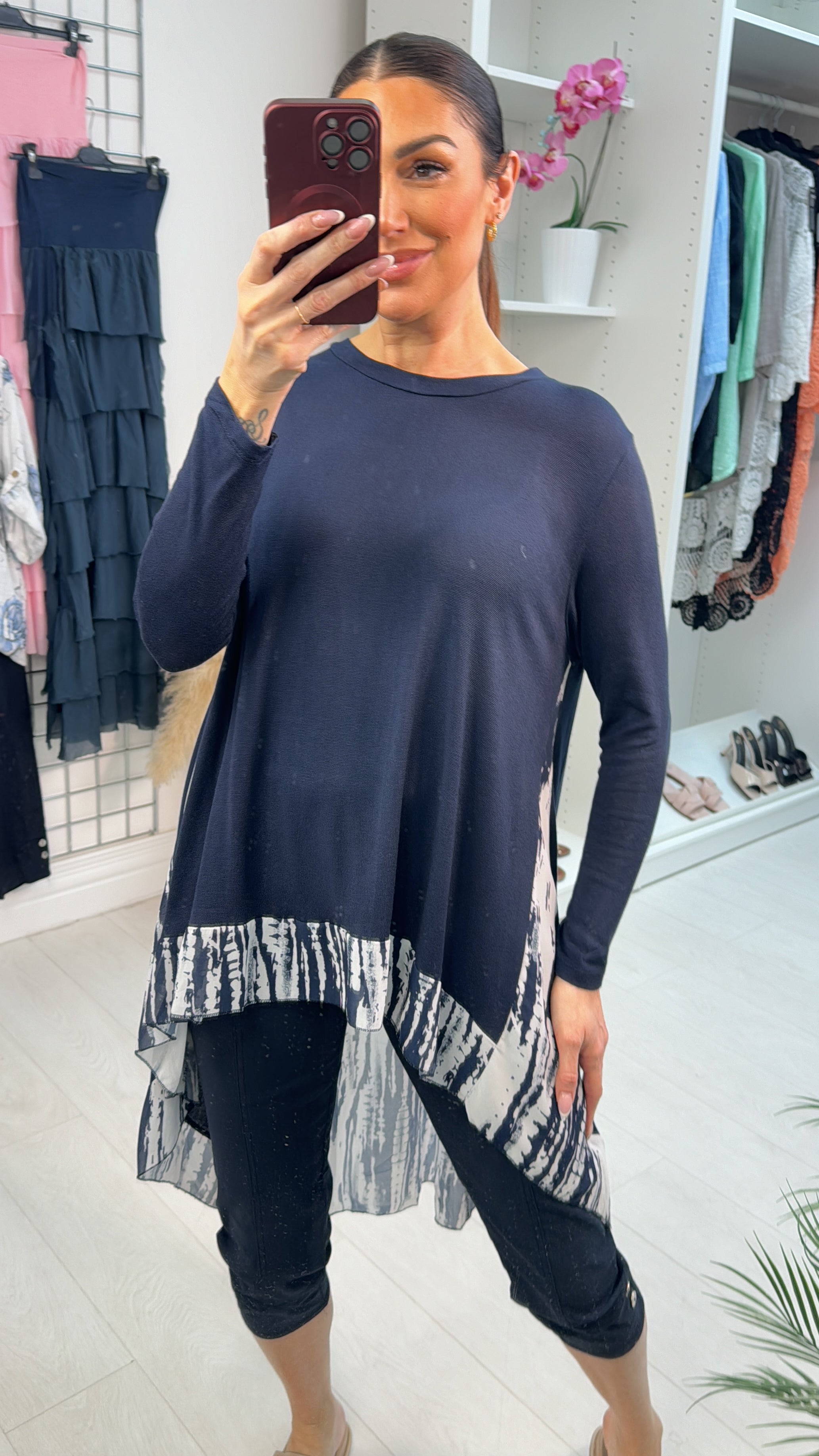 Lyra Abstract Print Chiffon Back Detailed Dipped Hem Top