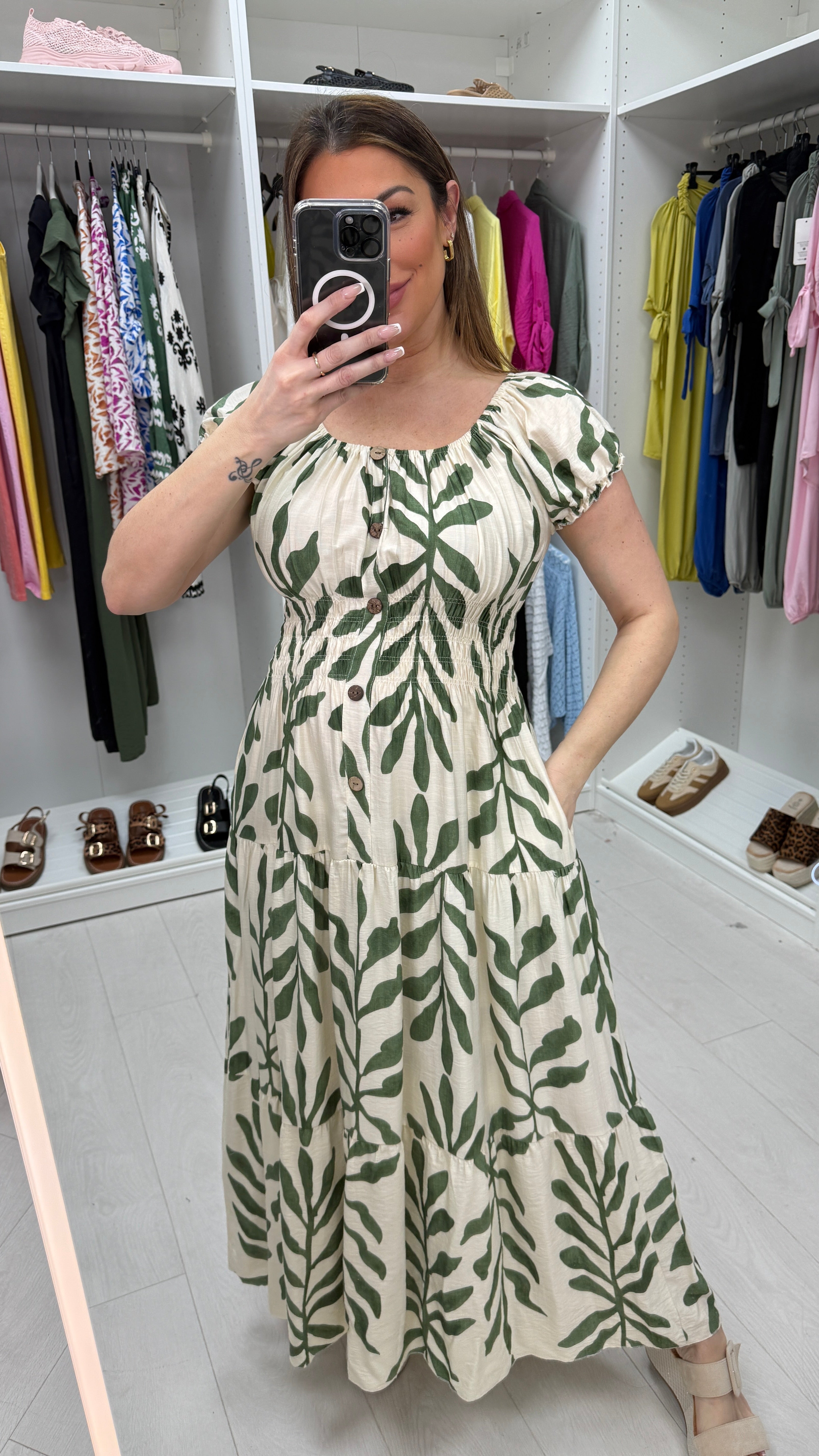 Selena Leaf Print Button Detail Maxi Dress