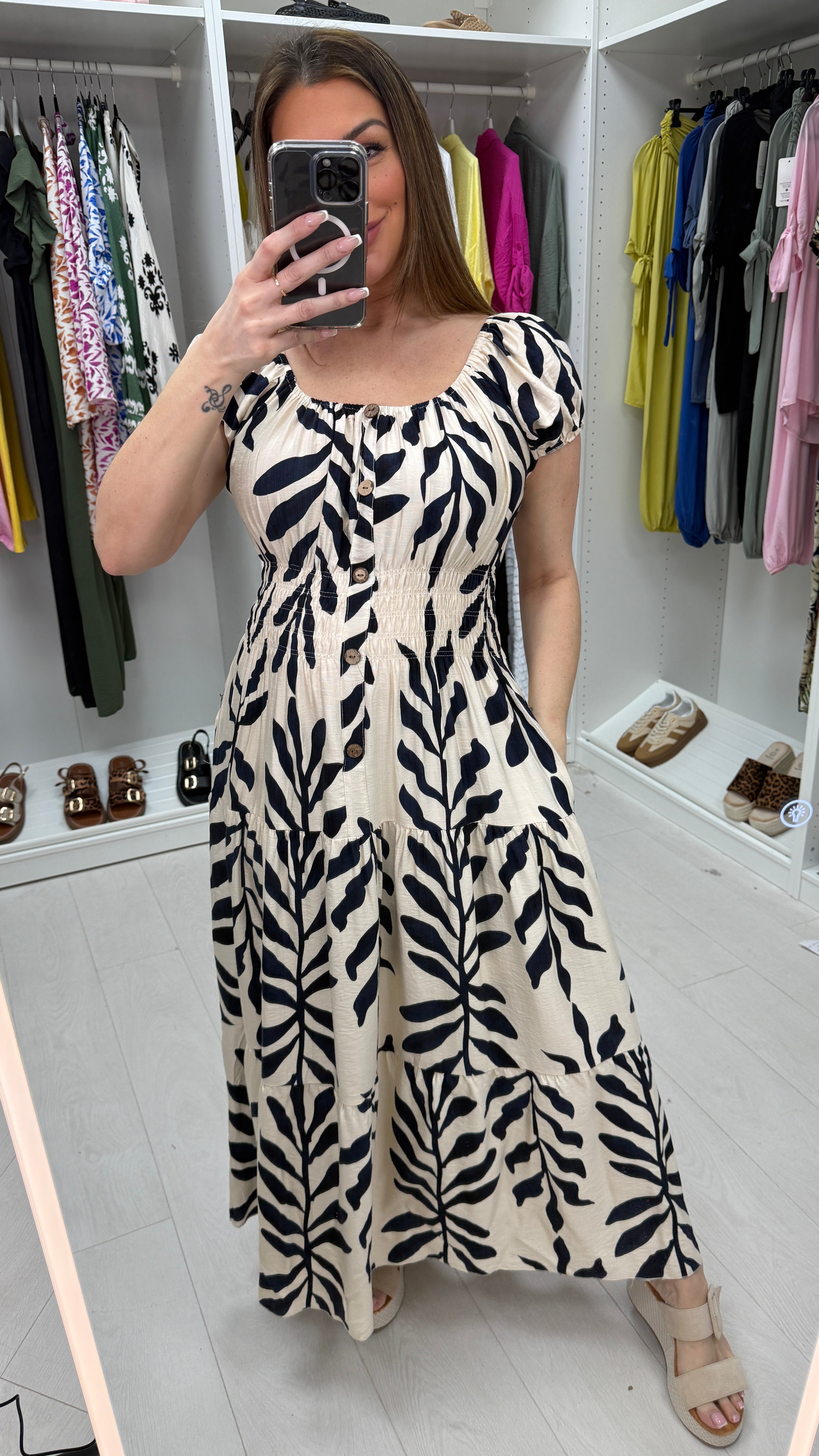 Selena Leaf Print Button Detail Maxi Dress