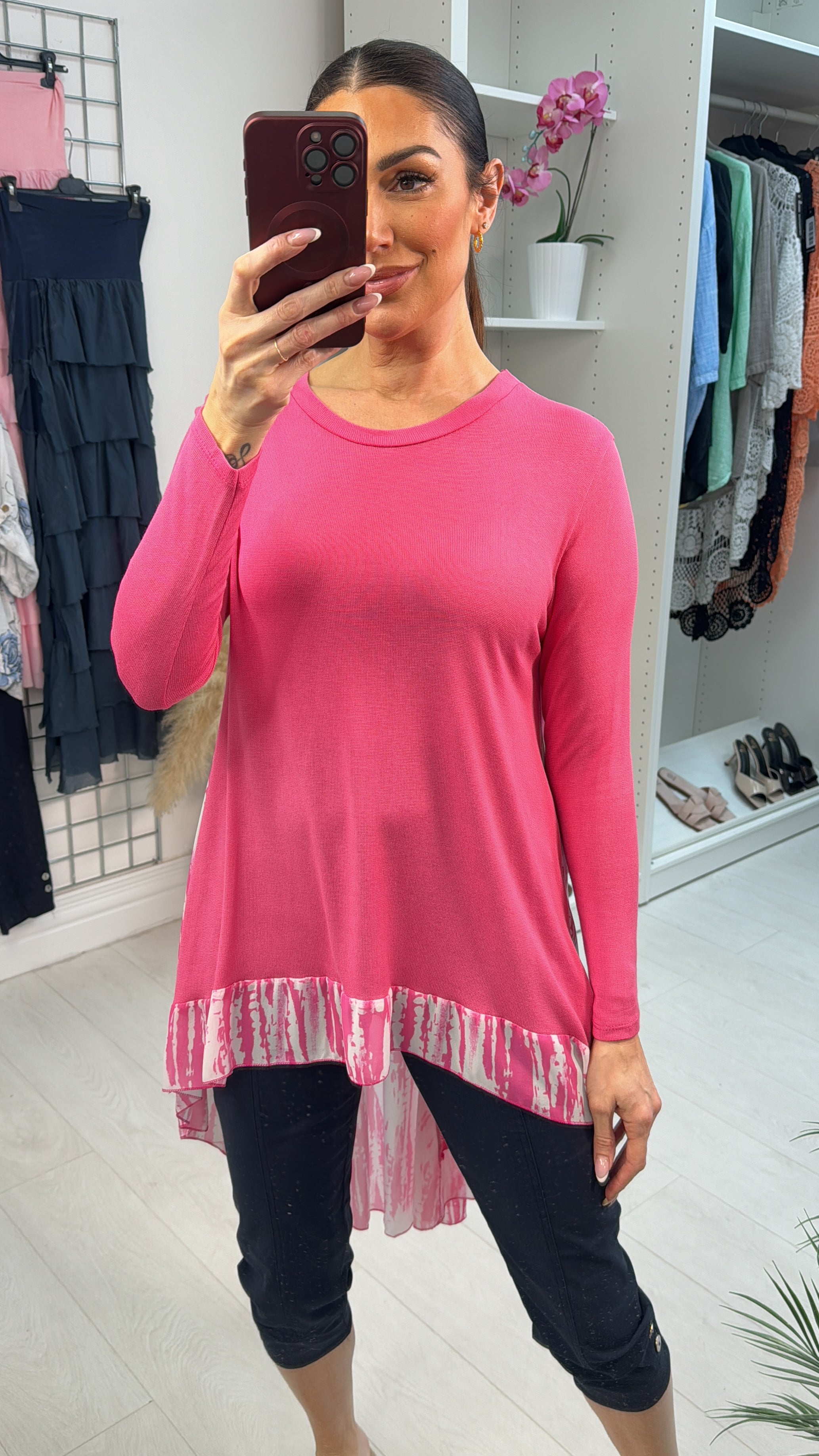 Lyra Abstract Print Chiffon Back Detailed Dipped Hem Top