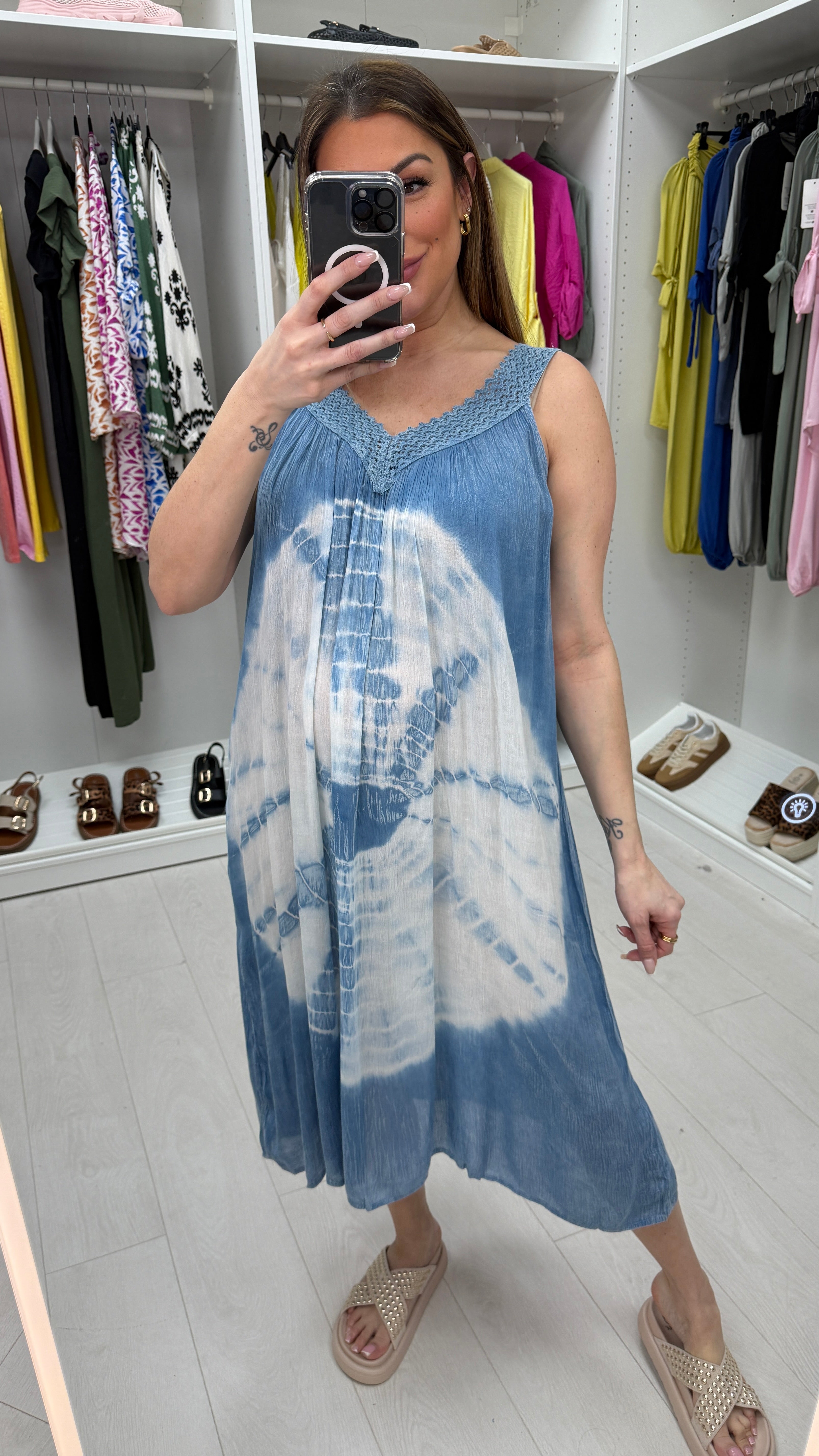 Peyton V Neck Loose Fit Denim Tie Dye Dress
