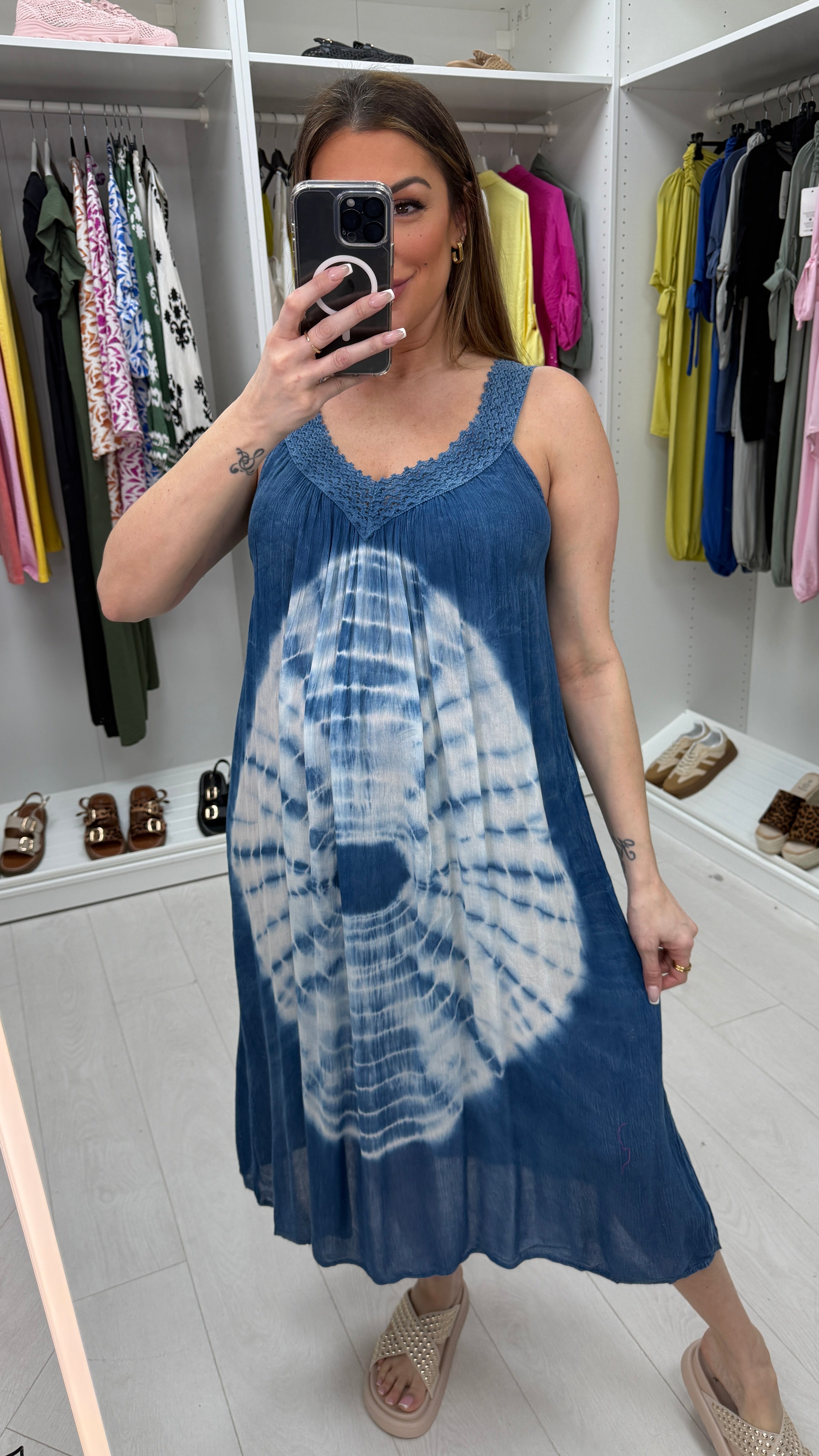 Peyton V Neck Loose Fit Denim Tie Dye Dress