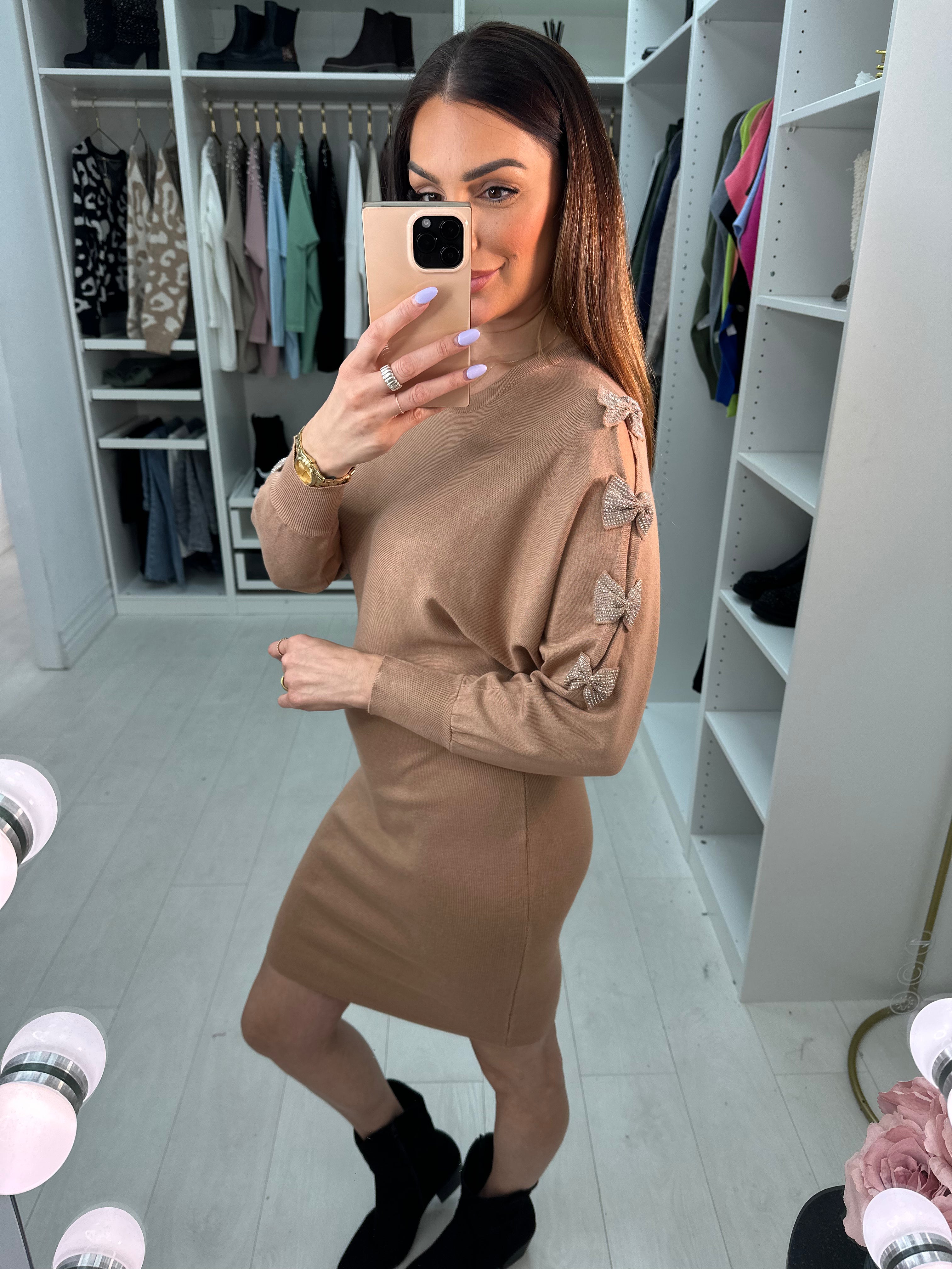 Rizz Diamante Bow Sleeve Detailed Knit Jumper