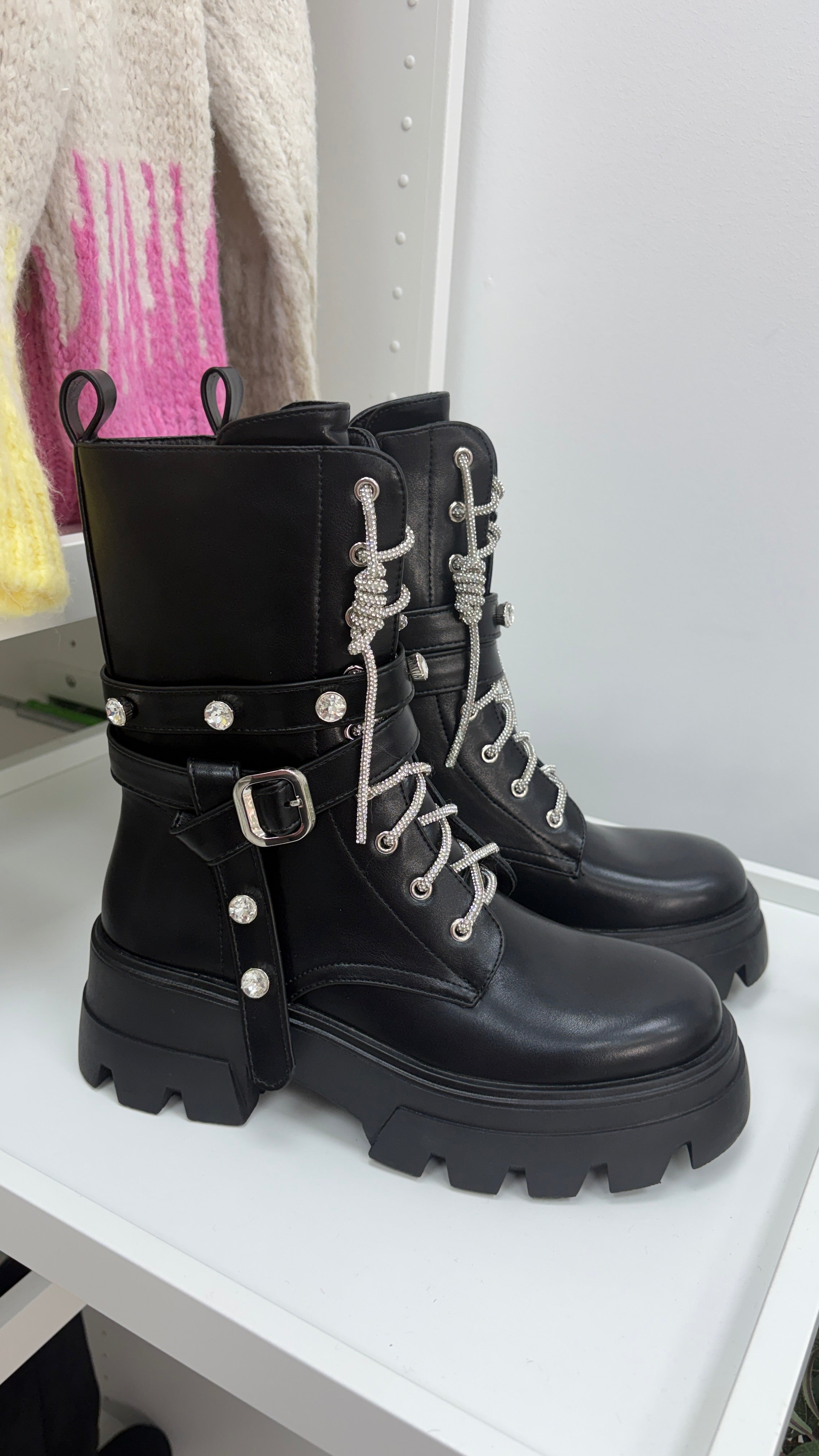 Annie Faux Leather Jewel Studded Biker Boots