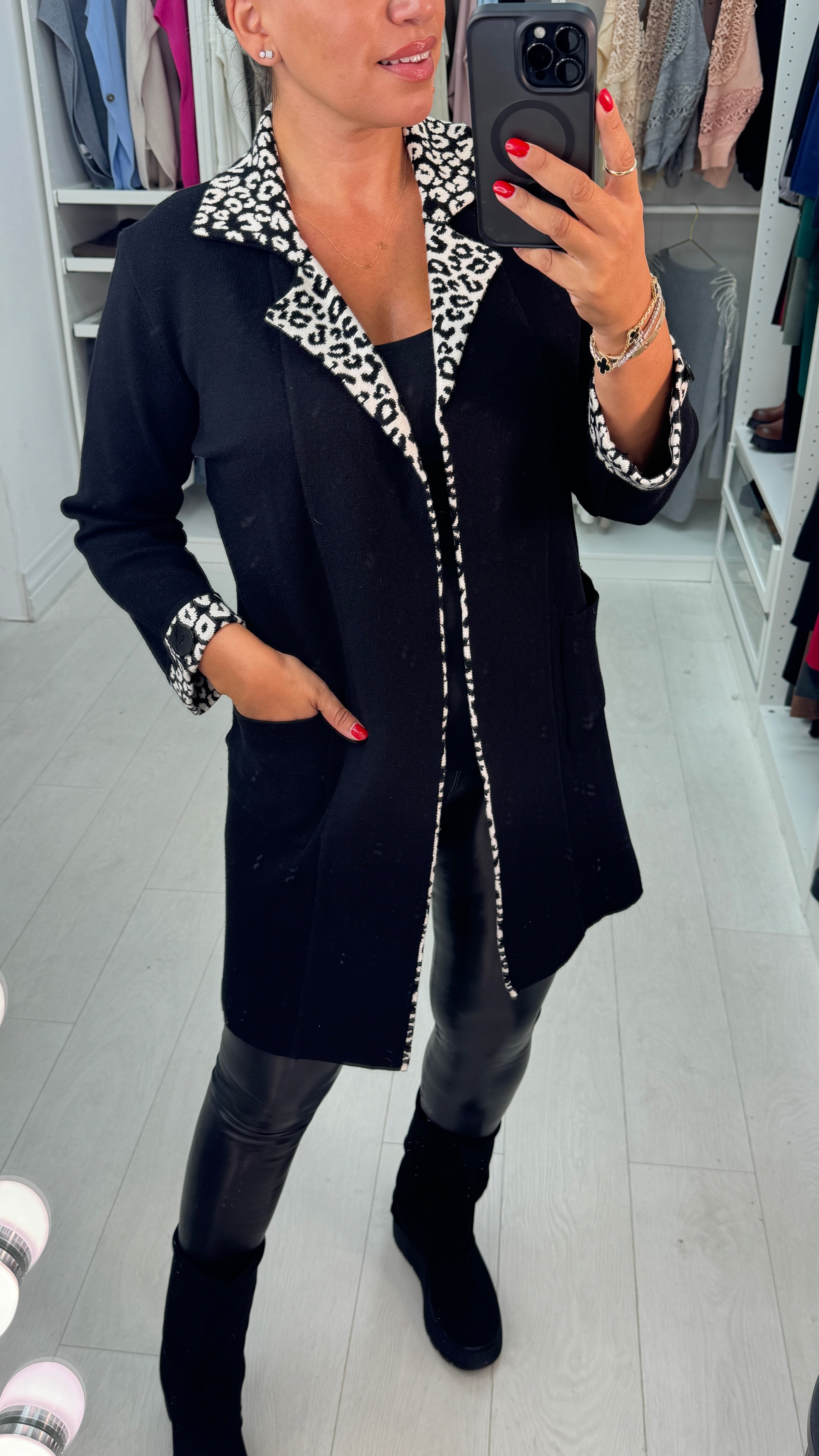 Karolina Leopard Print Detail Longline Knit Jacket