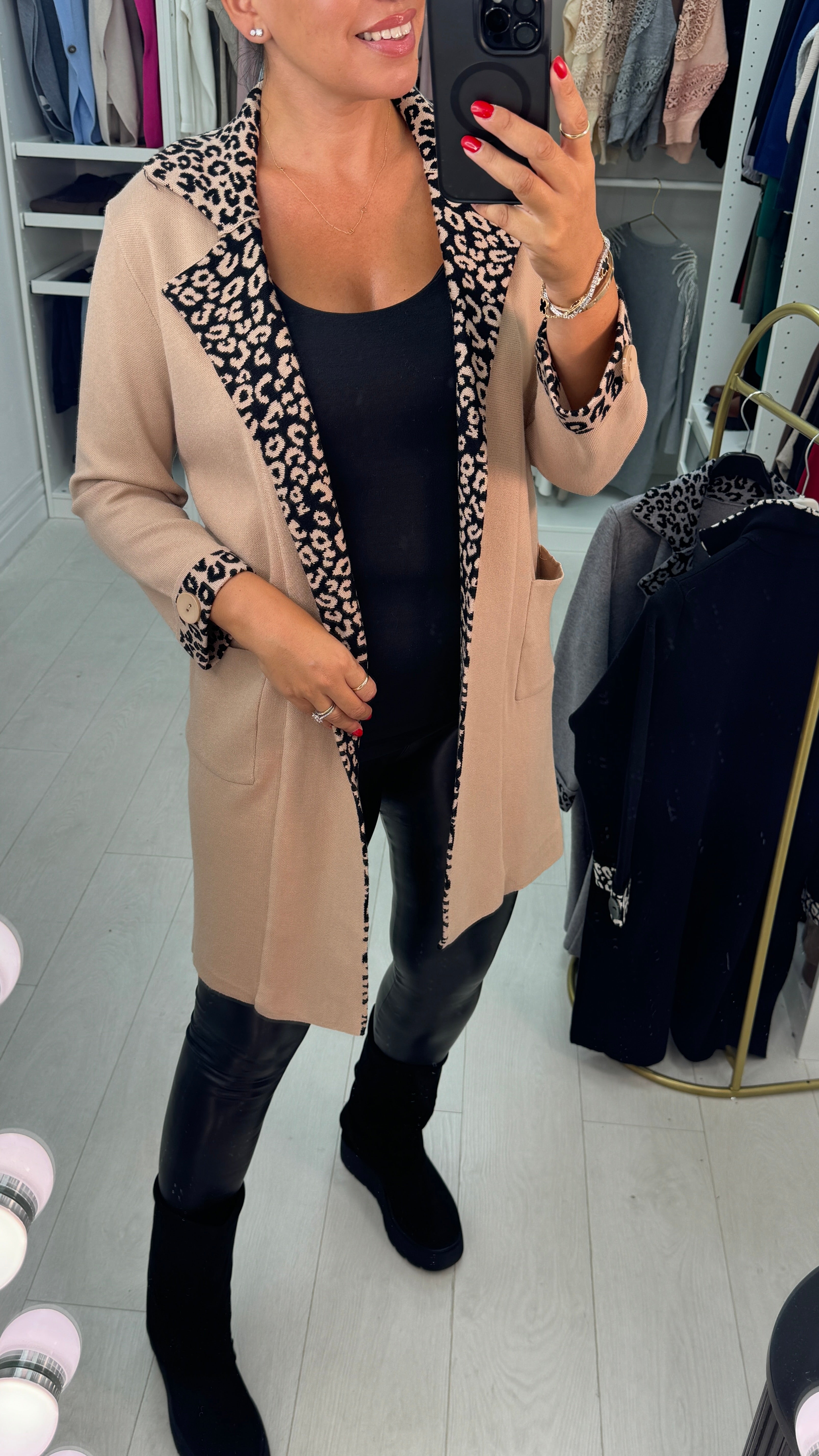 Karolina Leopard Print Detail Longline Knit Jacket