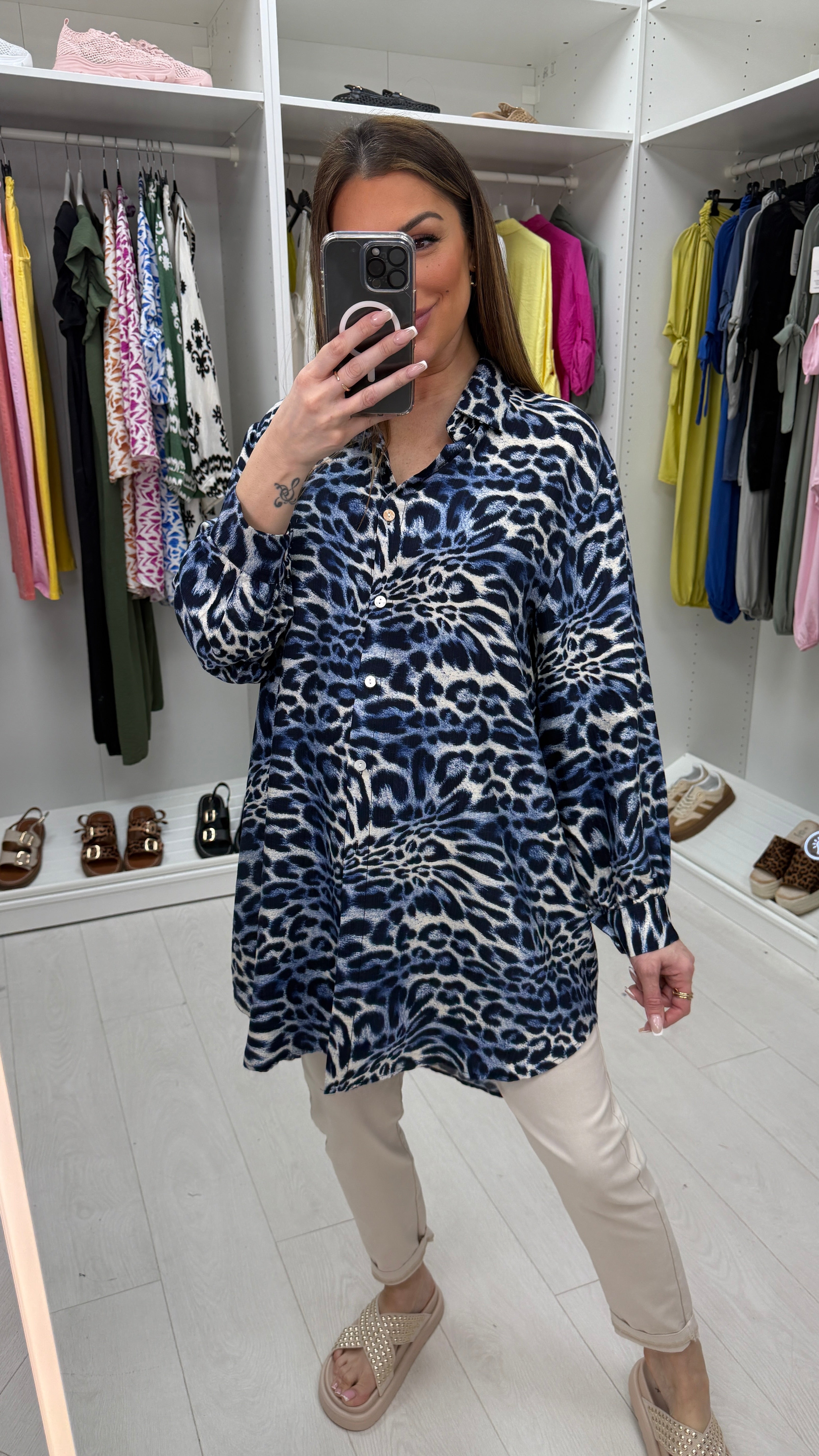 Judith Leopard Print Oversized Dipped Hem Shirt