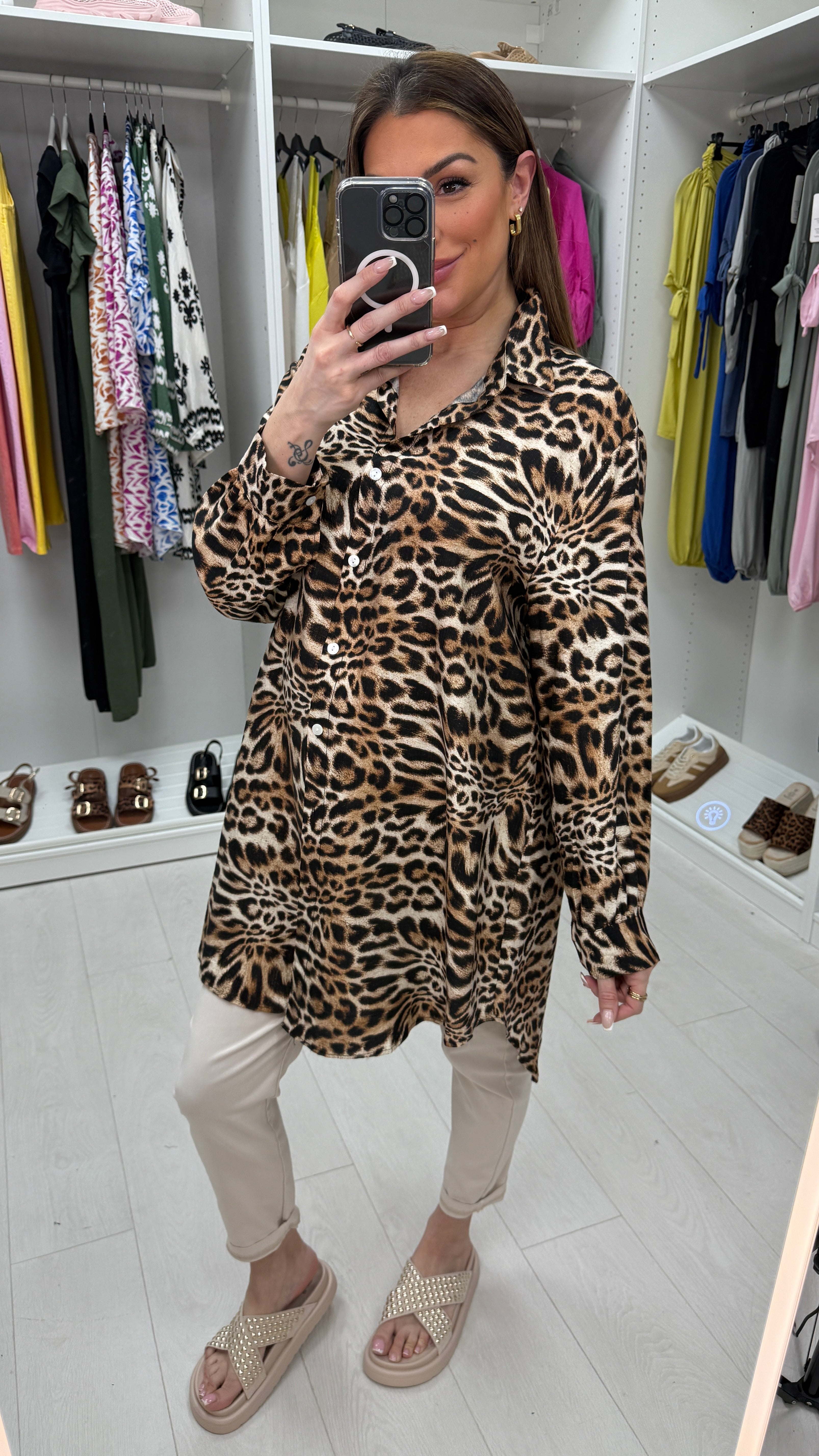 Judith Leopard Print Oversized Dipped Hem Shirt