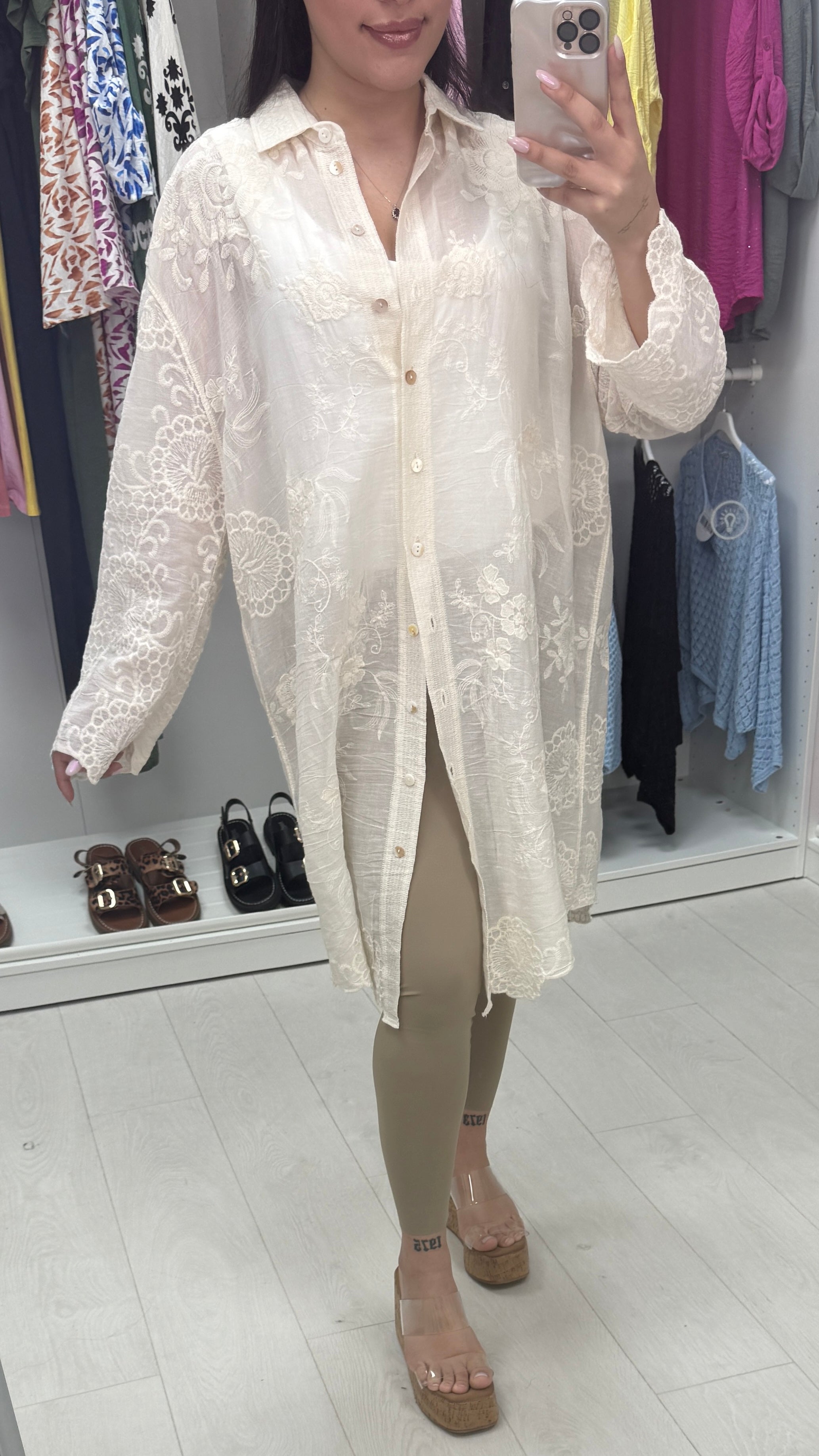 Sia Plain Floral Embroidered Longline Shirt