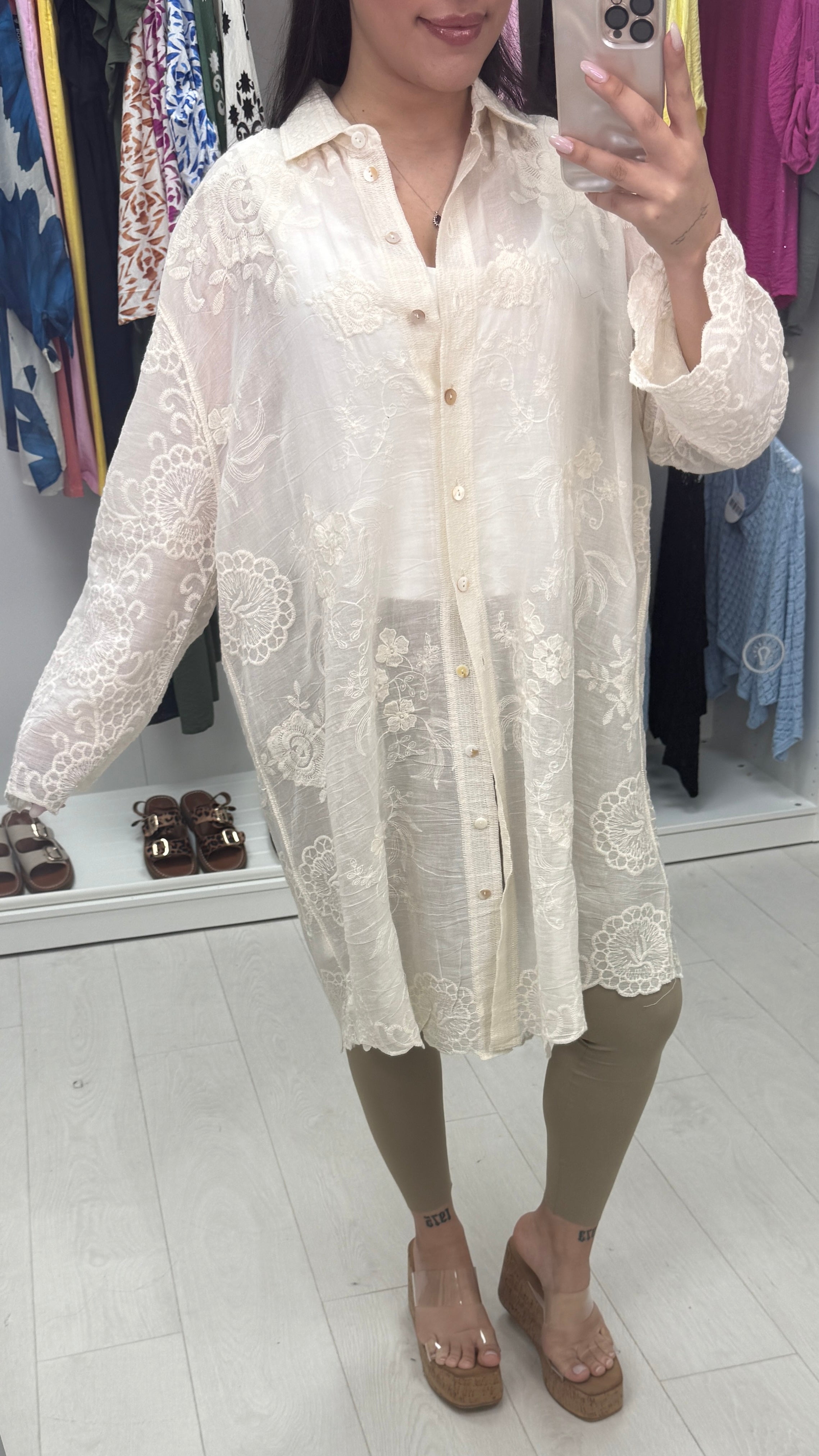 Sia Plain Floral Embroidered Longline Shirt