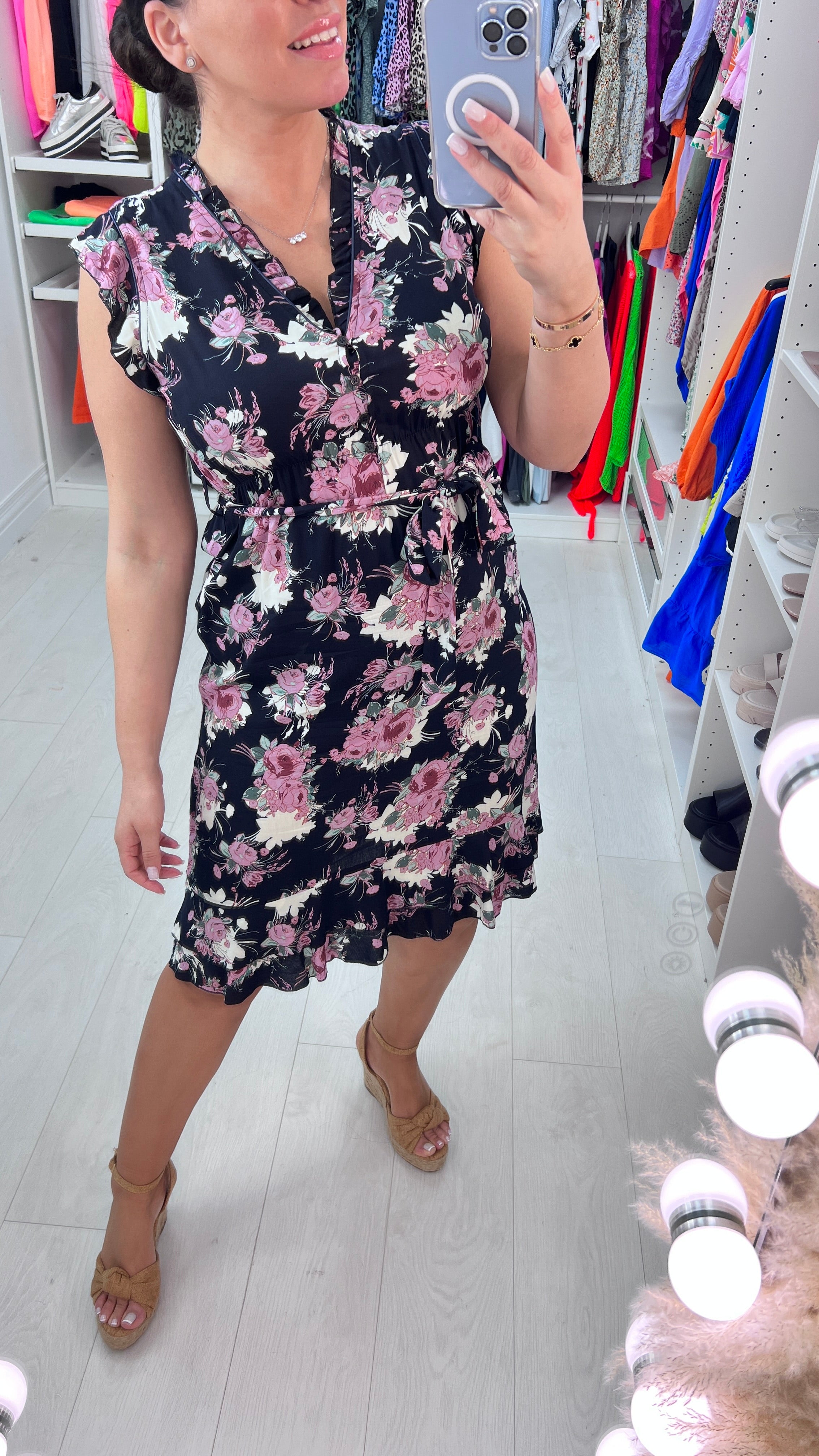 Orietta Navy Rose Print Ruffle Trim Dress