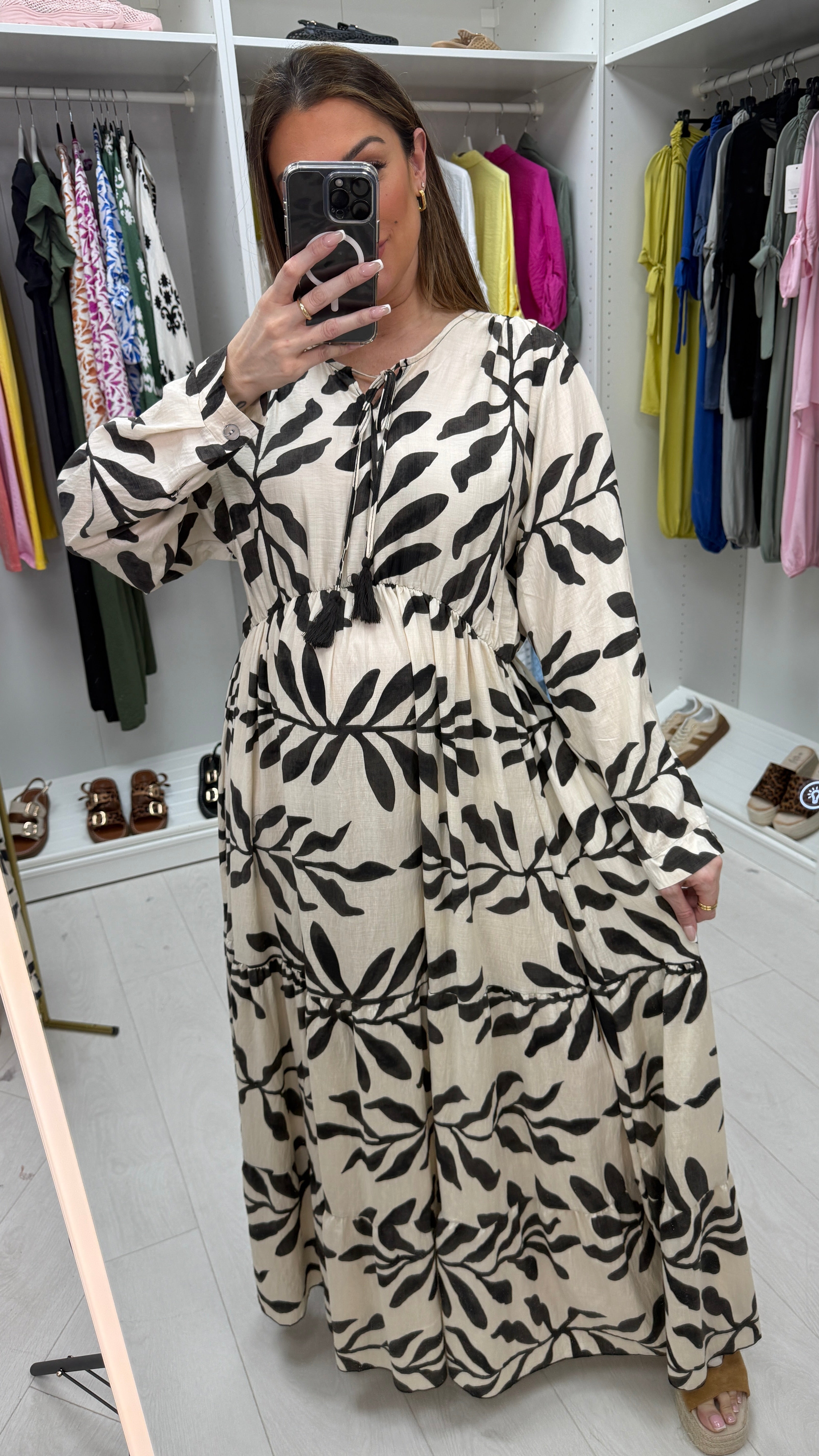 Maybelle Leaf Print V Neck Smock Maxi Dress