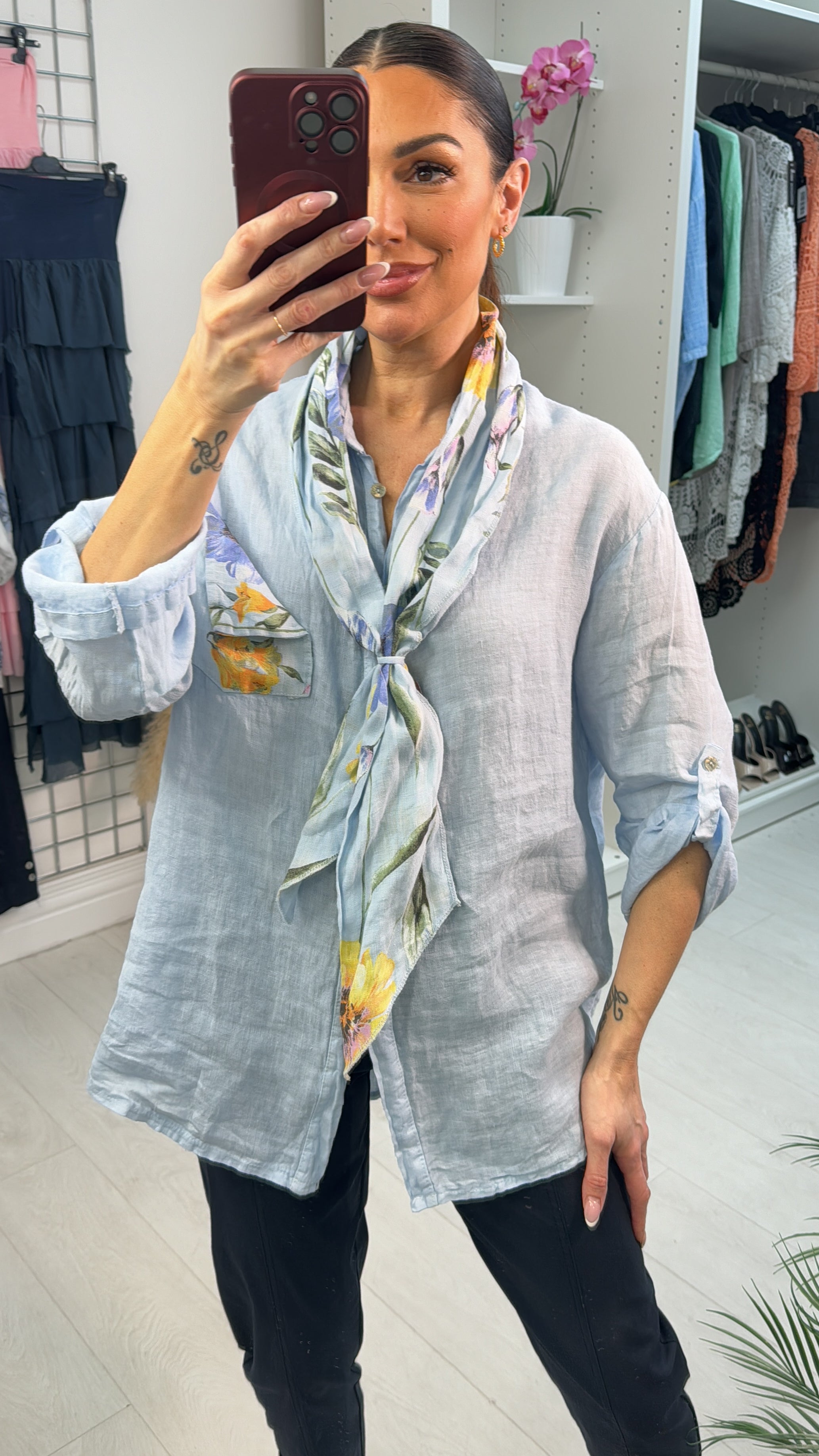 Debby Floral Detailed 2 Piece Scarf & Linen Shirt