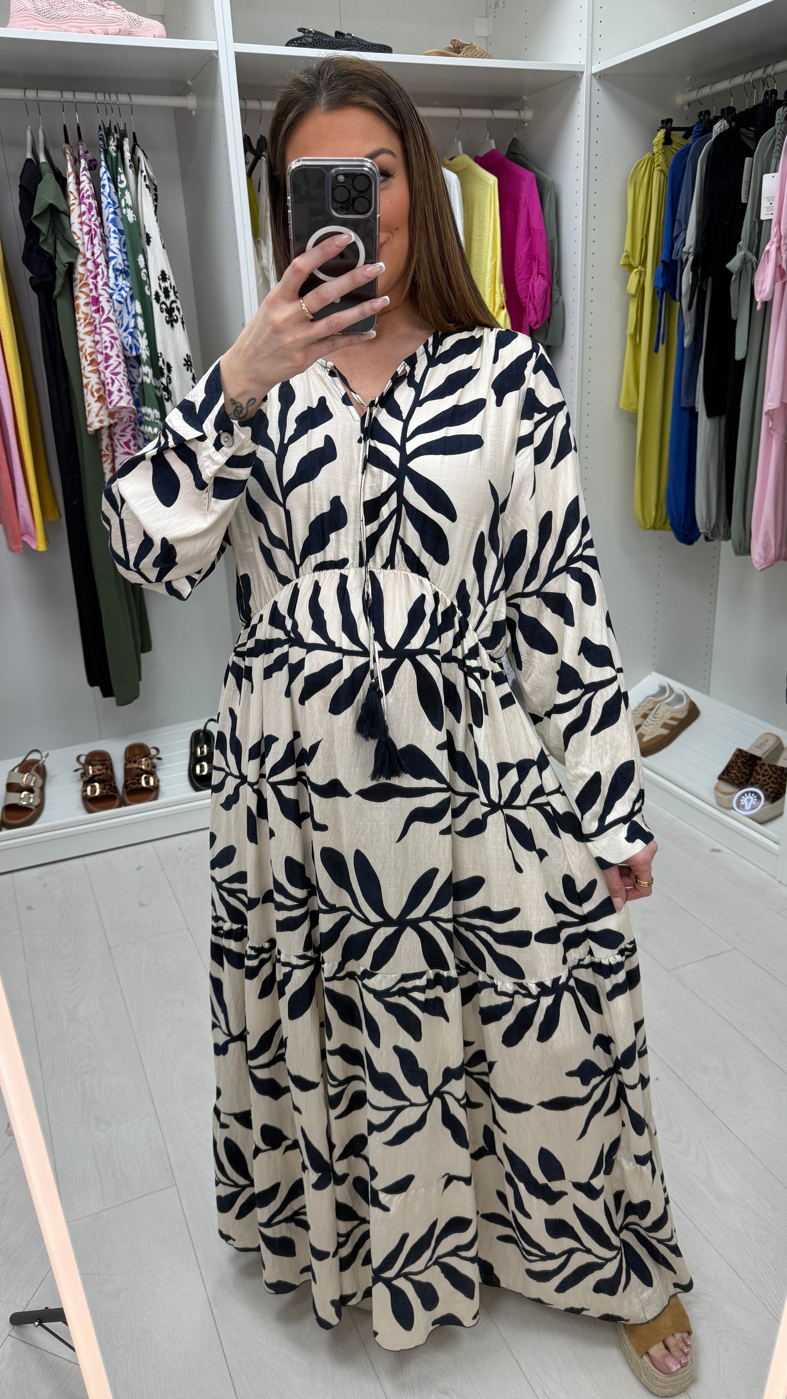 Maybelle Leaf Print V Neck Smock Maxi Dress