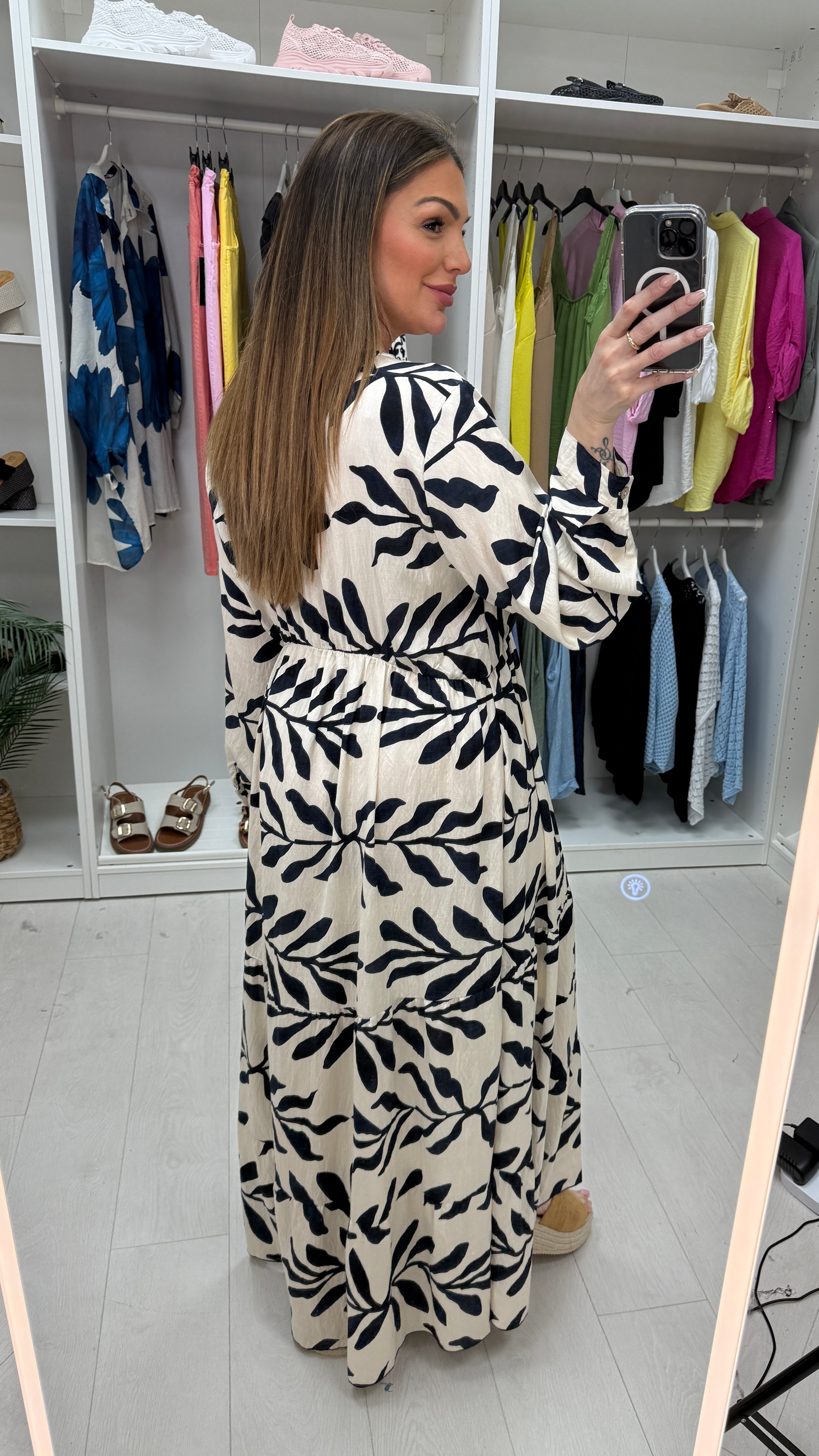 Maybelle Leaf Print V Neck Smock Maxi Dress