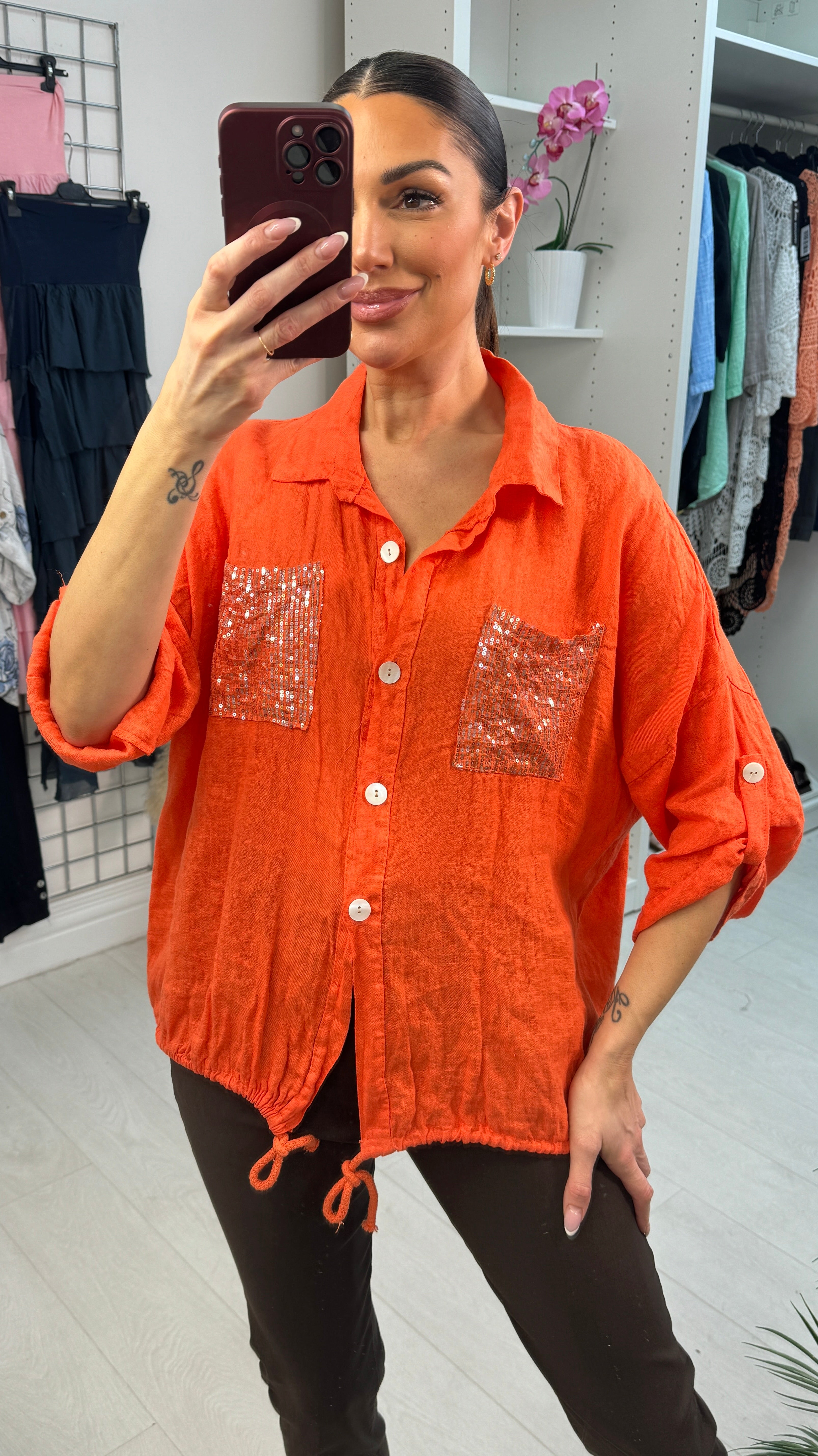 Dania Sequin Embellished Drawstring Hem Linen Shirt