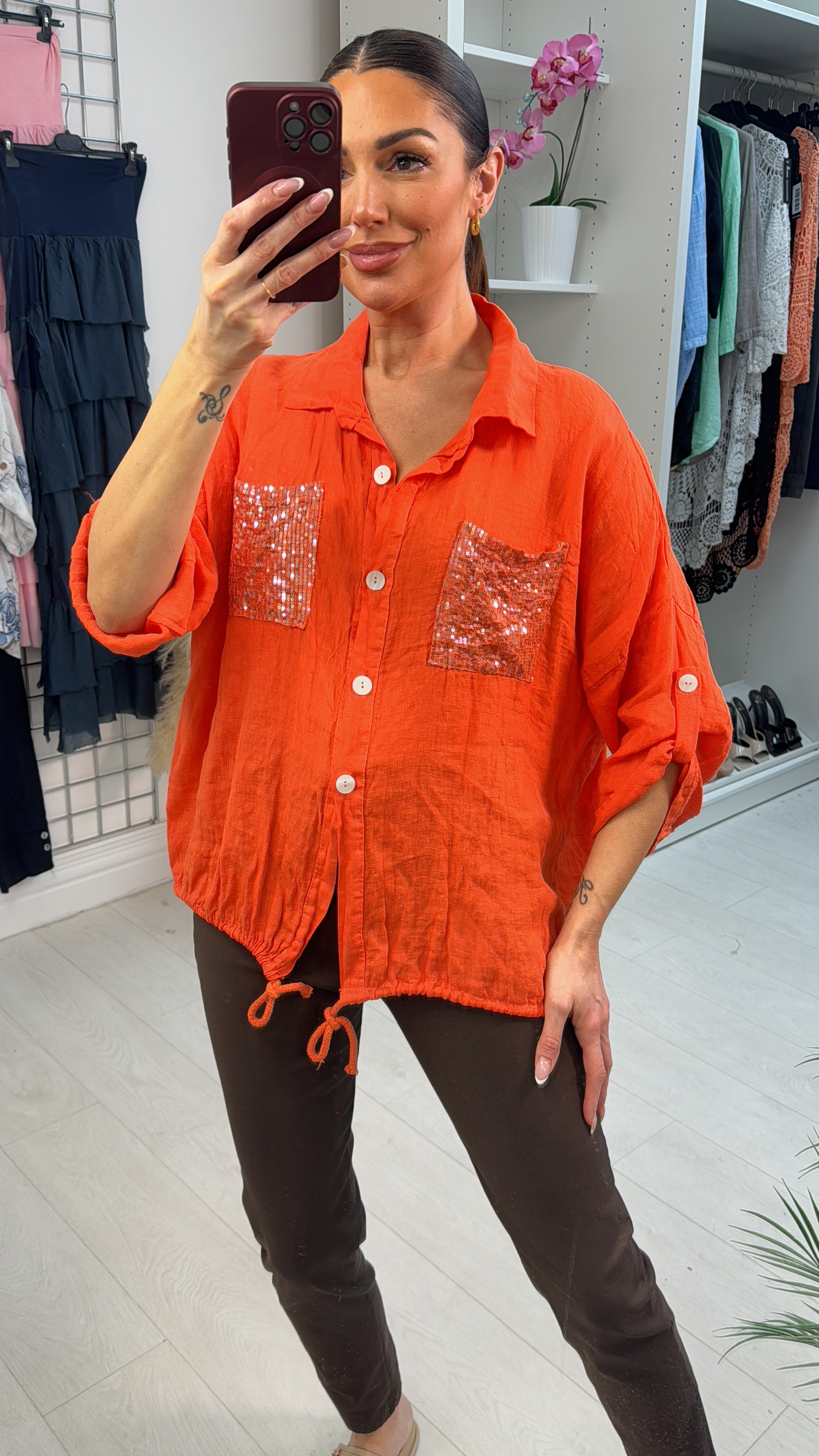 Dania Sequin Embellished Drawstring Hem Linen Shirt