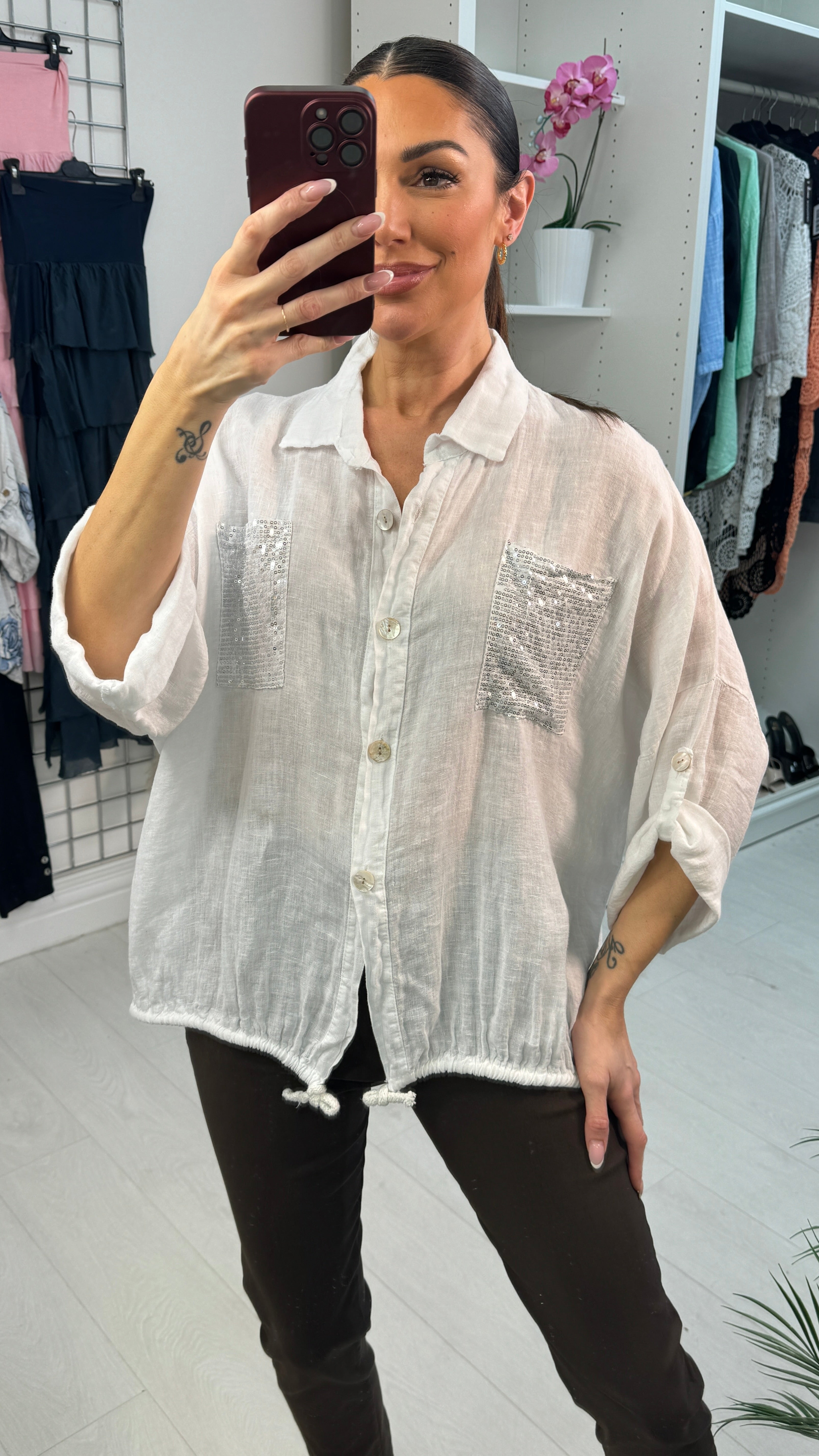 Dania Sequin Embellished Drawstring Hem Linen Shirt