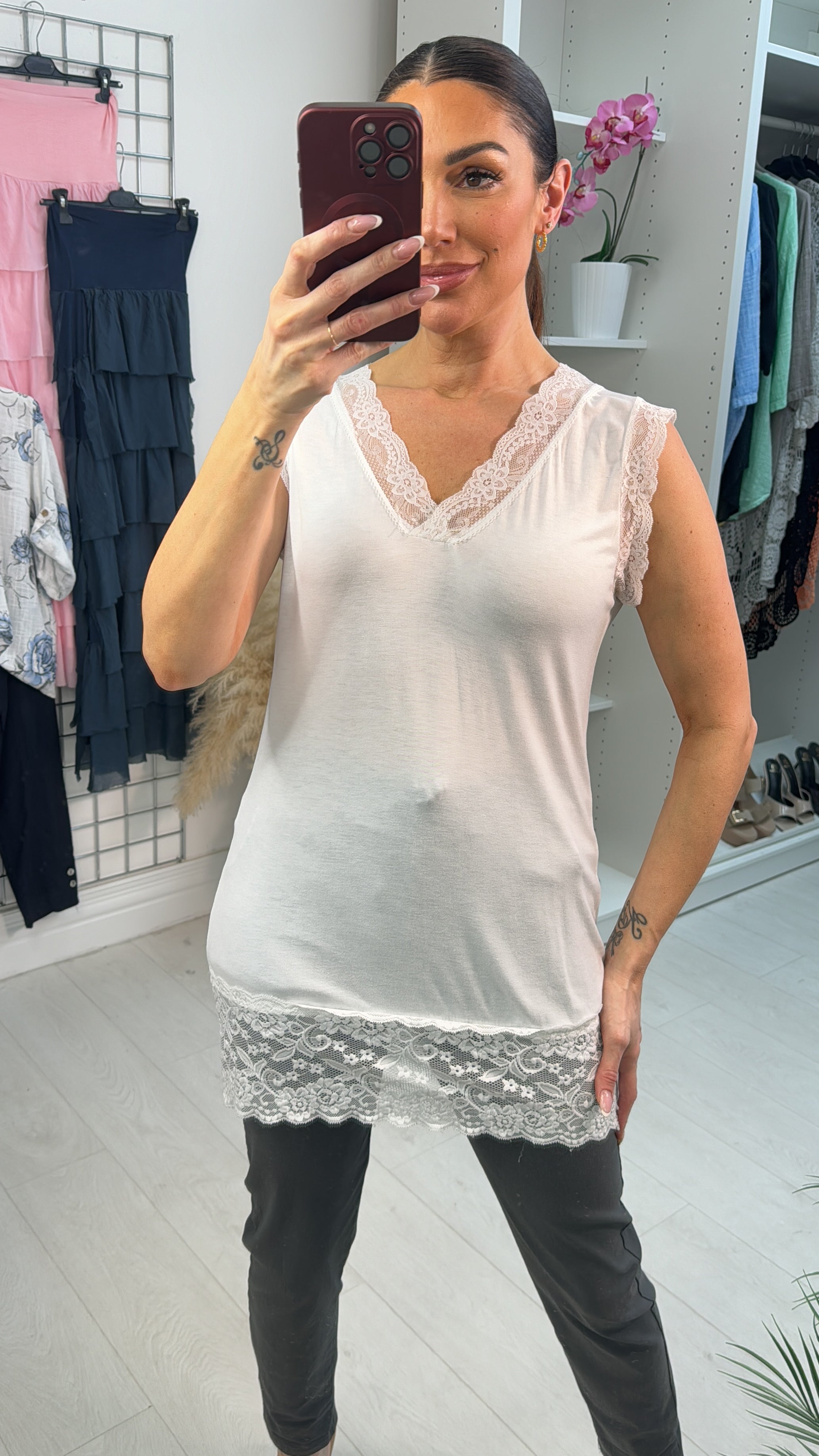 Mia Plain Lace Trim Longline Top