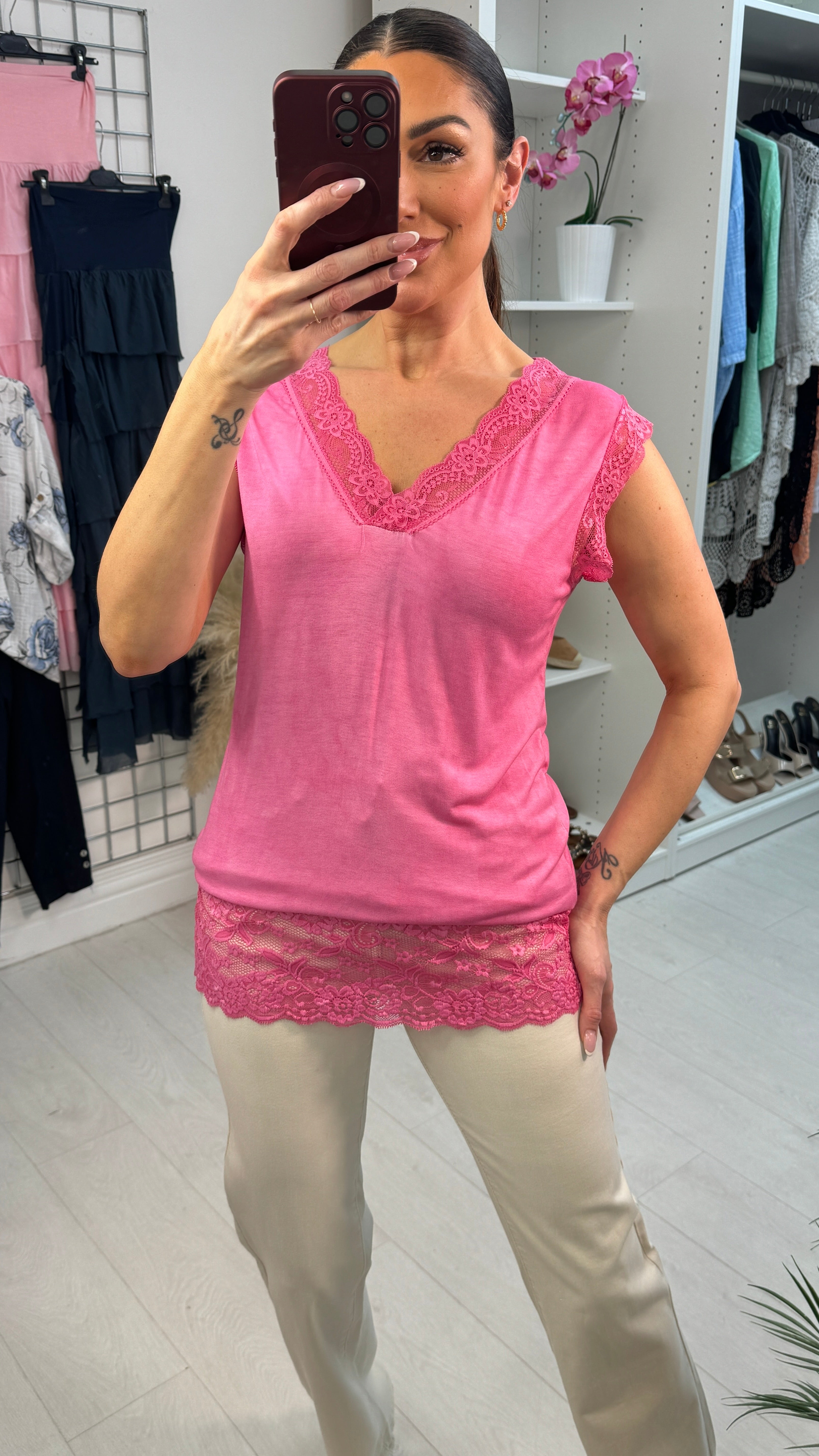 Mia Plain Lace Trim Longline Top