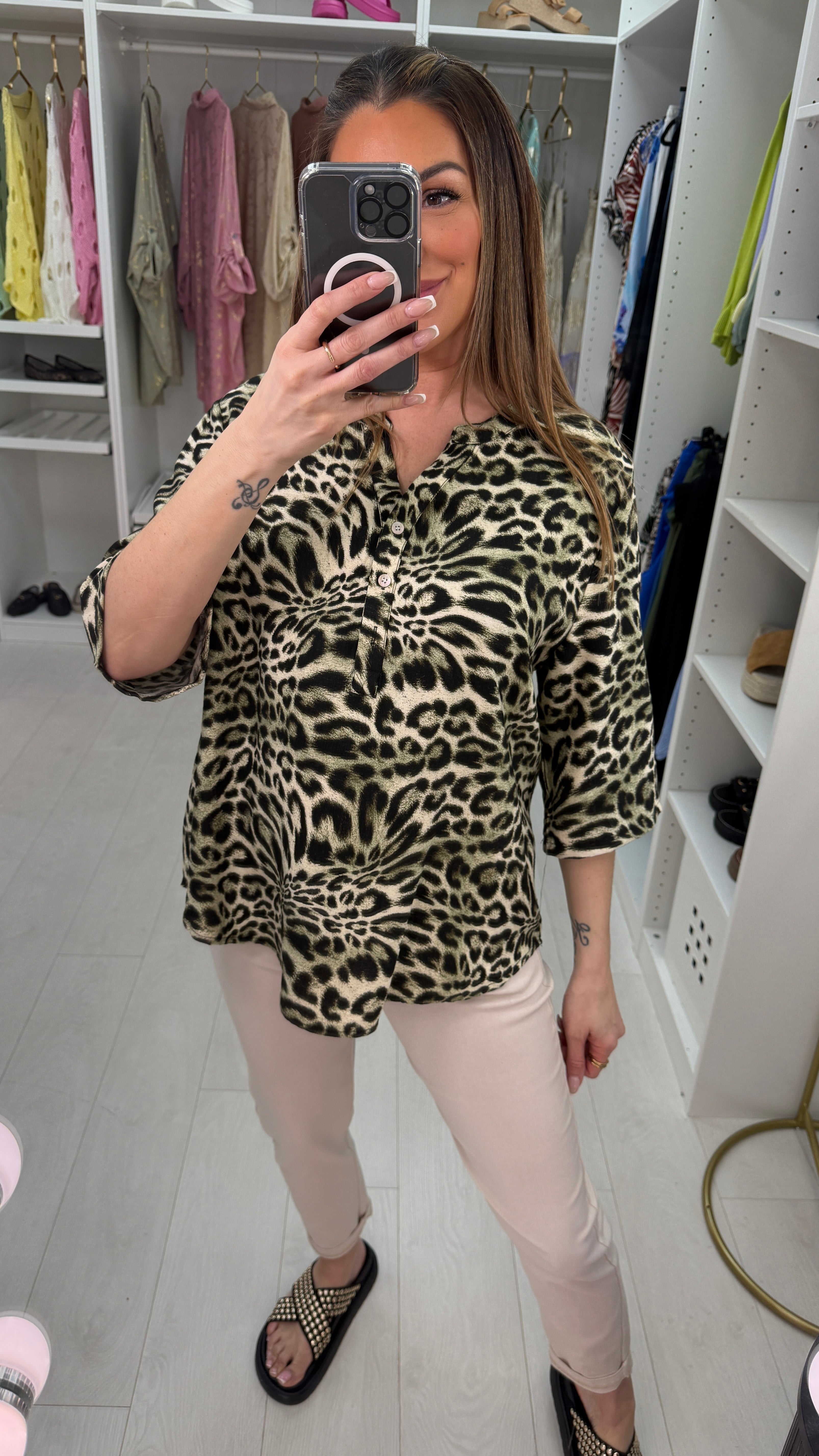 Kayleigh Leopard Print V Neck Loose Fit Top