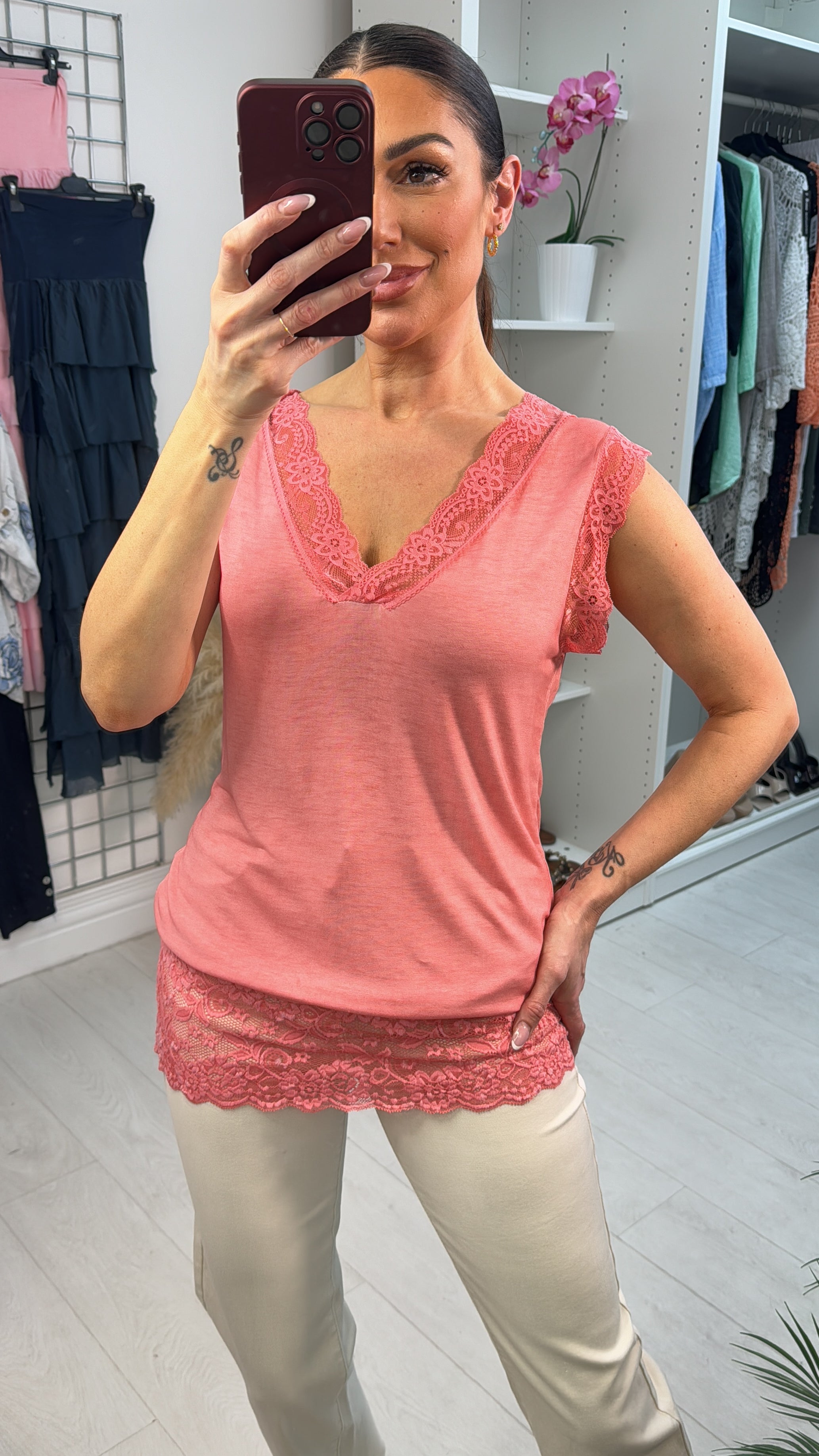 Mia Plain Lace Trim Longline Top